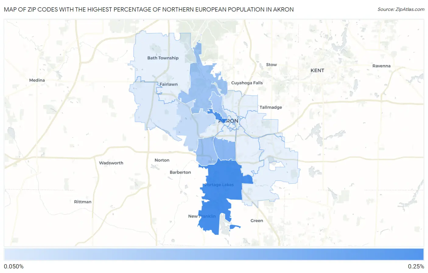 Zip Codes with the Highest Percentage of Northern European Population in Akron Map
