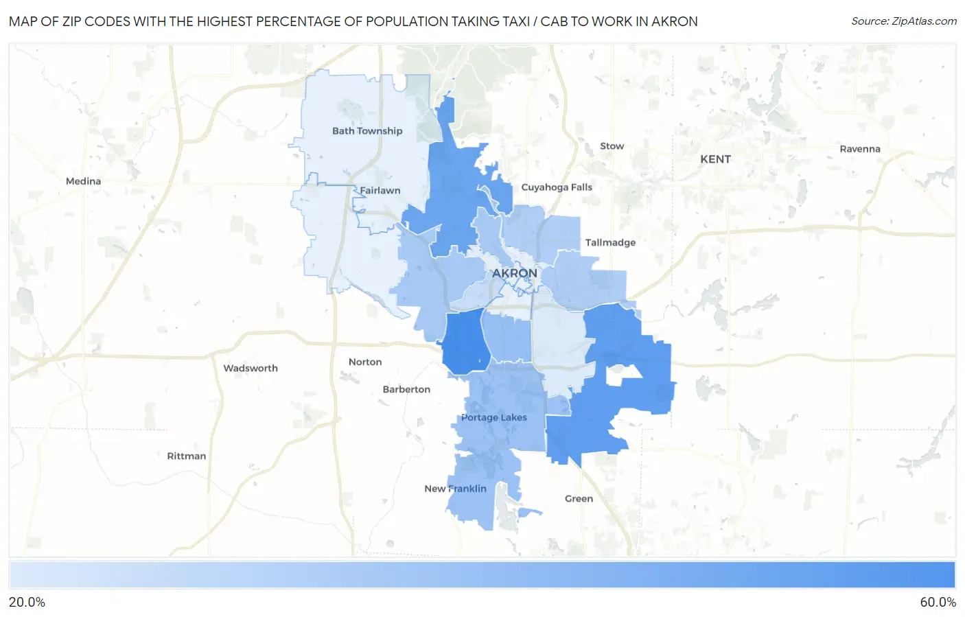 Zip Codes with the Highest Percentage of Population Taking Taxi / Cab to Work in Akron Map