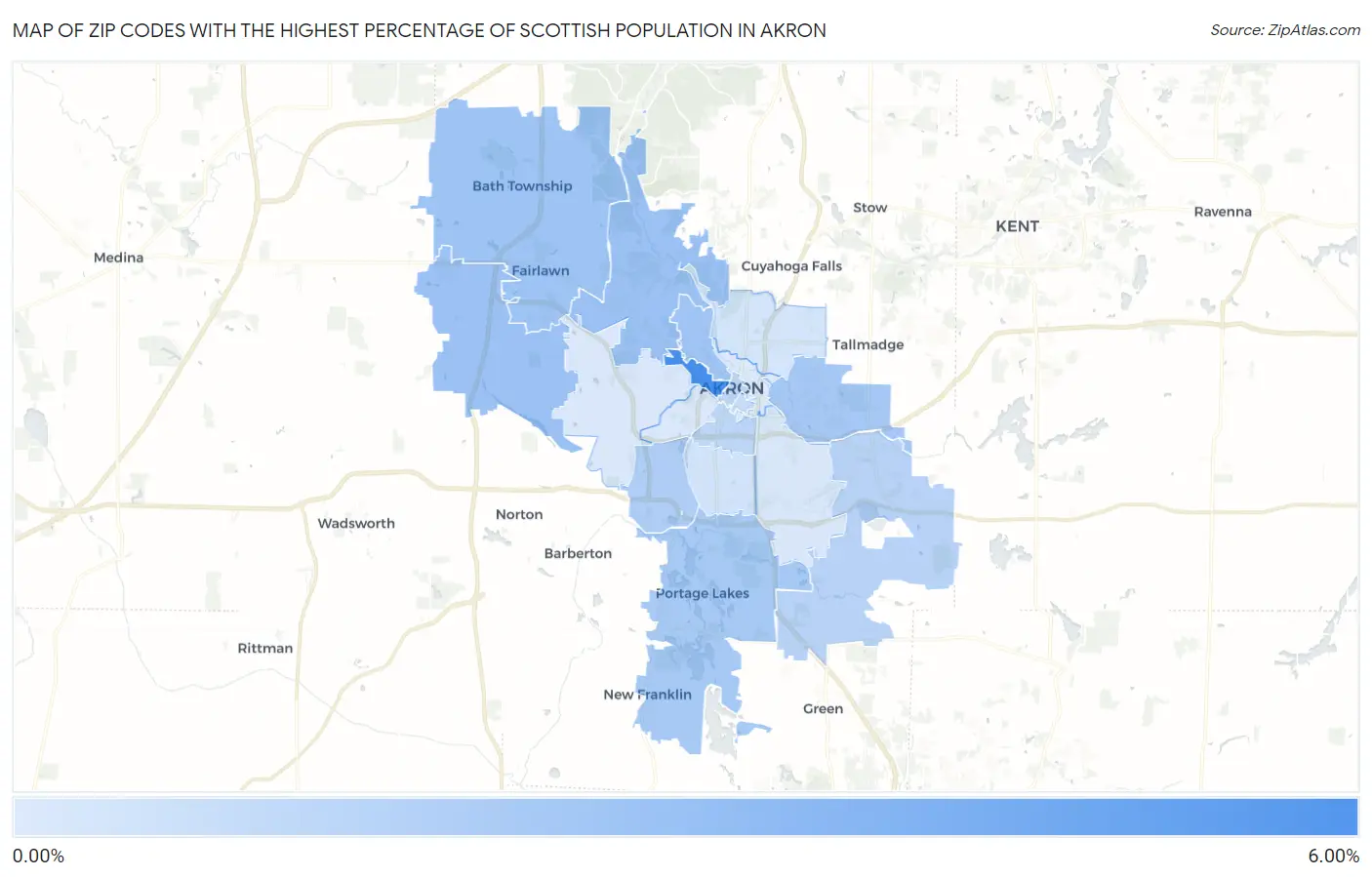 Zip Codes with the Highest Percentage of Scottish Population in Akron Map