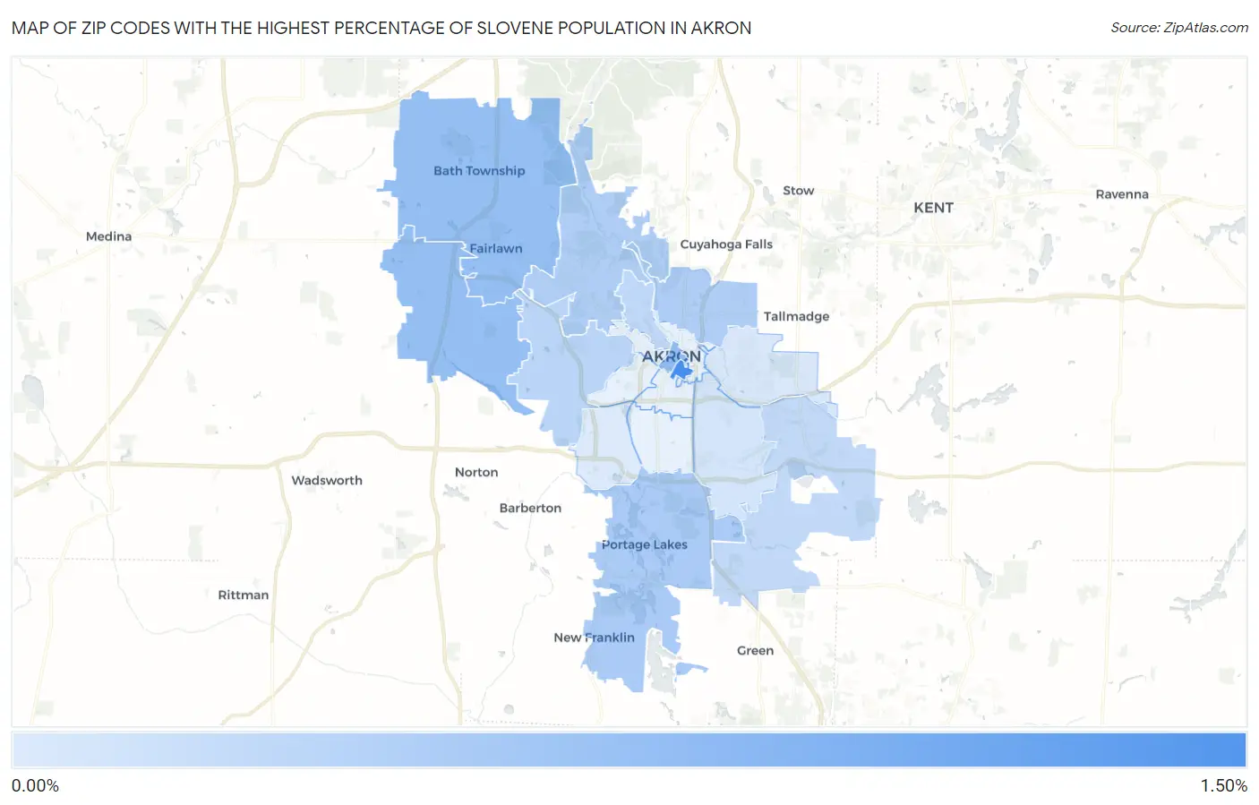 Zip Codes with the Highest Percentage of Slovene Population in Akron Map