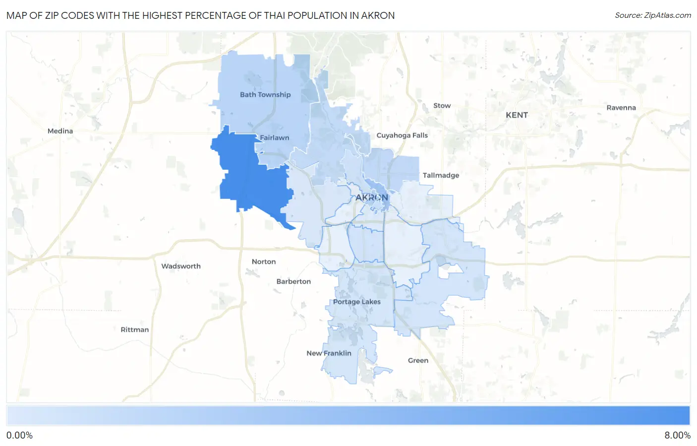 Zip Codes with the Highest Percentage of Thai Population in Akron Map