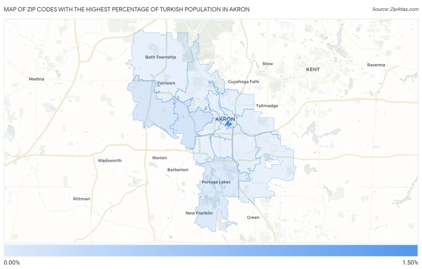 Zip Codes with the Highest Percentage of Turkish Population in Akron Map