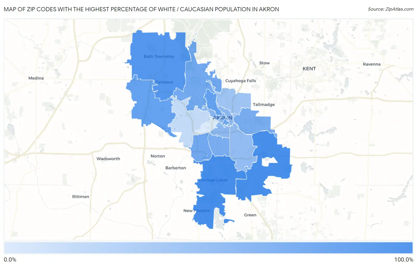 Zip Codes with the Highest Percentage of White / Caucasian Population in Akron Map