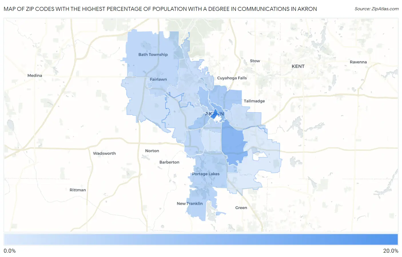 Zip Codes with the Highest Percentage of Population with a Degree in Communications in Akron Map