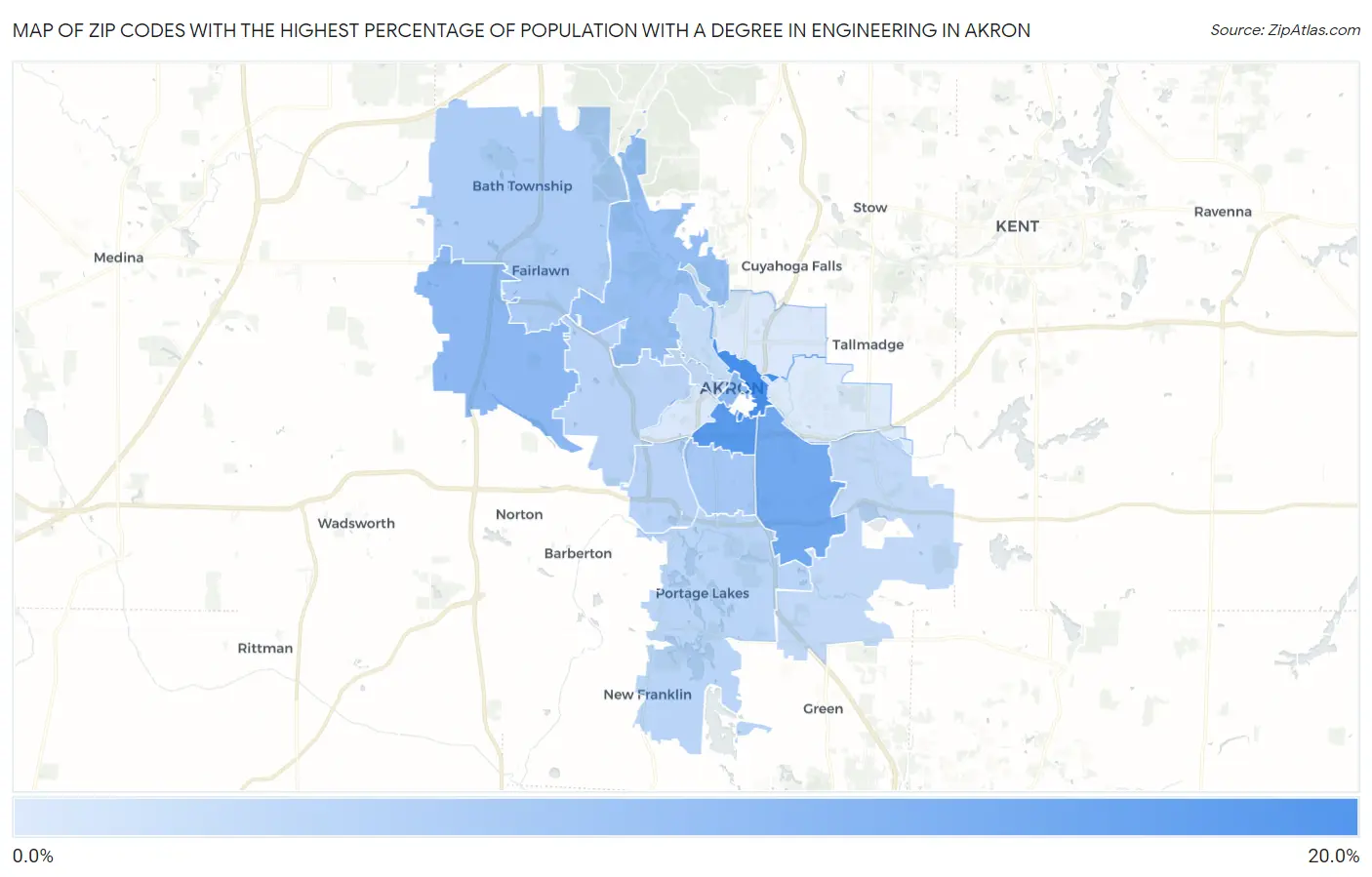Zip Codes with the Highest Percentage of Population with a Degree in Engineering in Akron Map