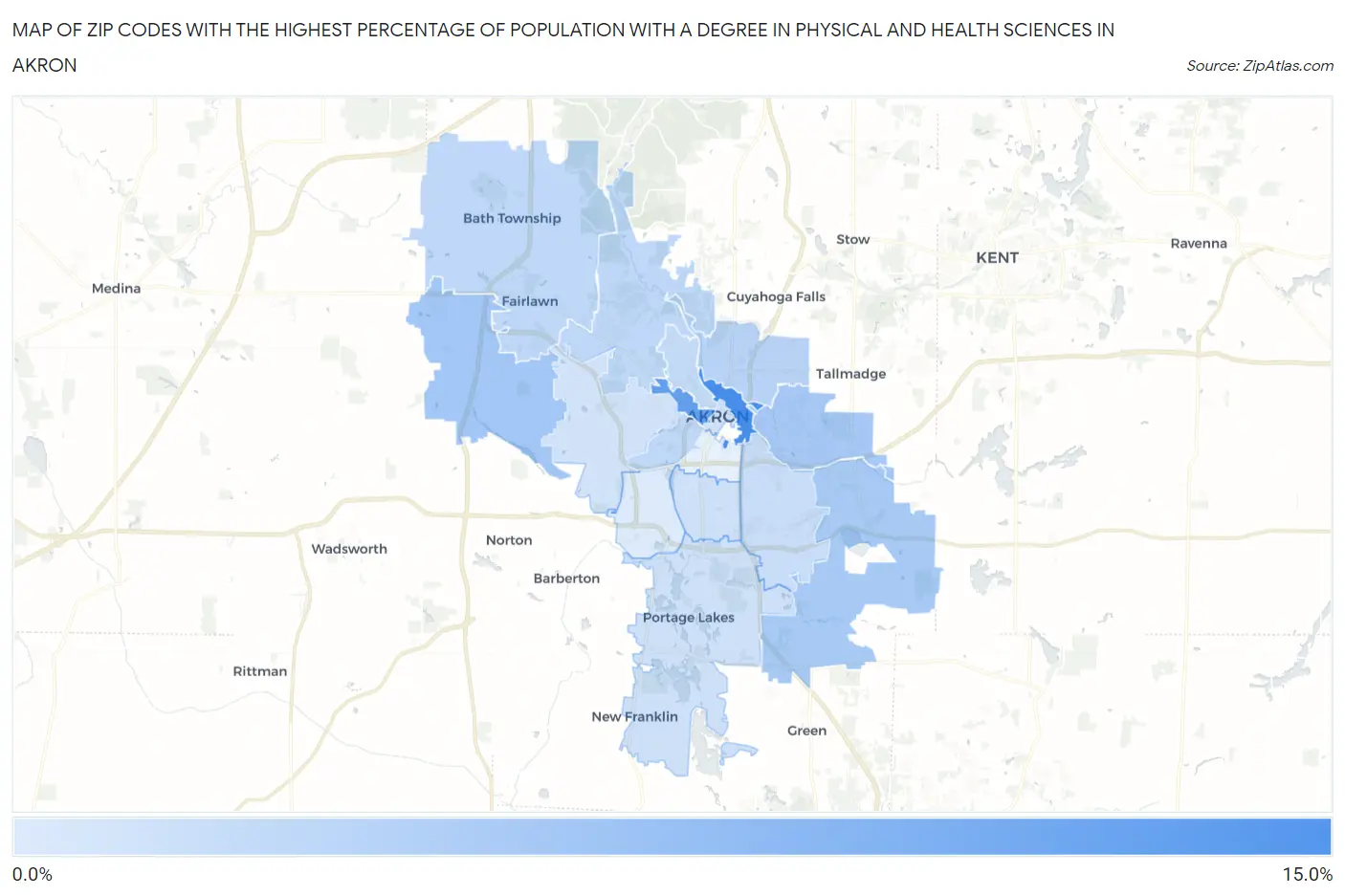 Zip Codes with the Highest Percentage of Population with a Degree in Physical and Health Sciences in Akron Map