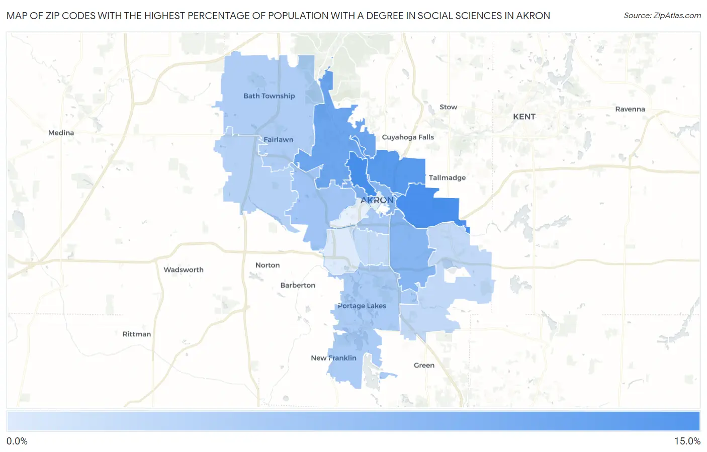 Zip Codes with the Highest Percentage of Population with a Degree in Social Sciences in Akron Map