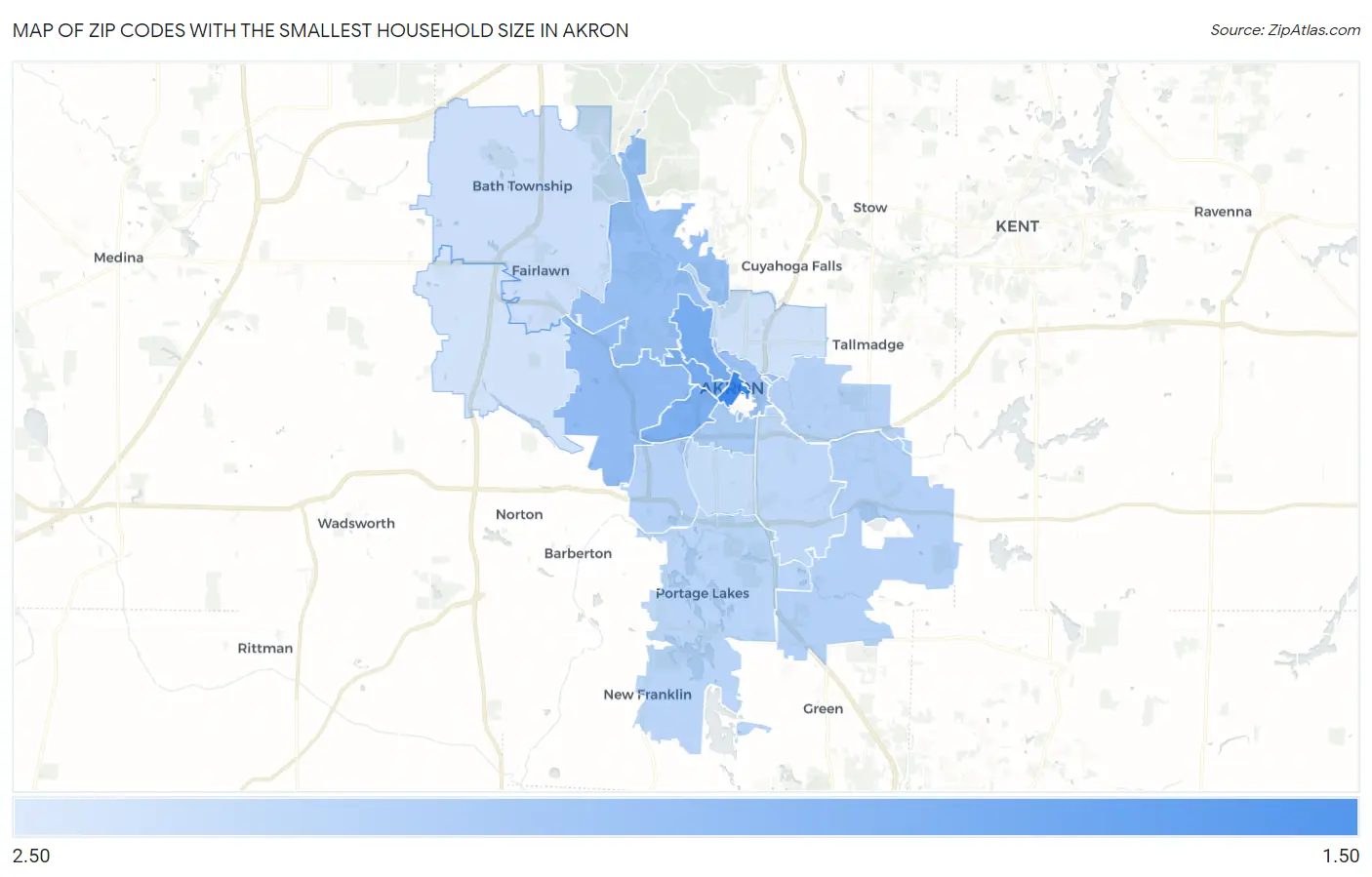 Zip Codes with the Smallest Household Size in Akron Map