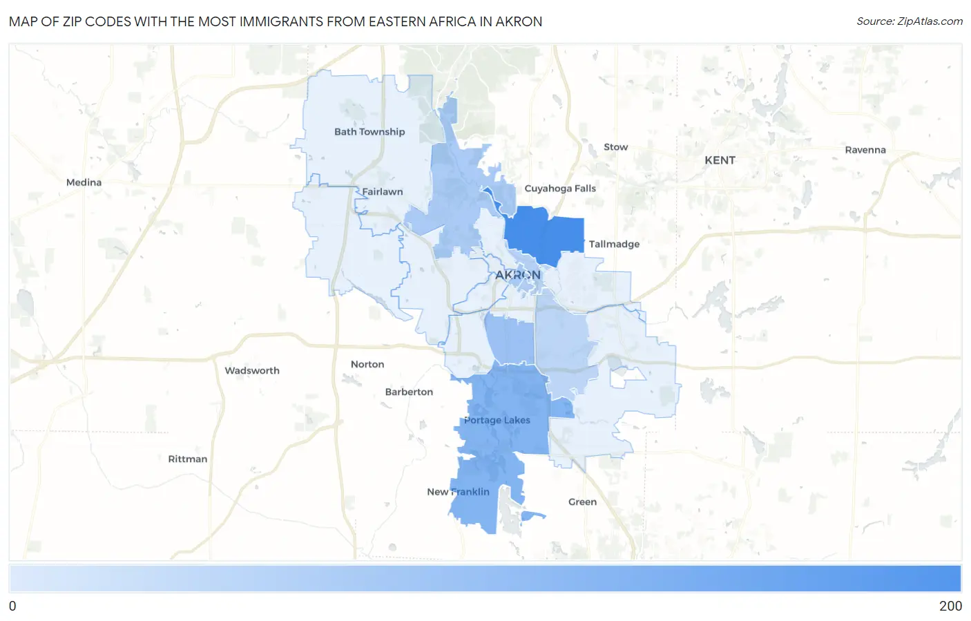 Zip Codes with the Most Immigrants from Eastern Africa in Akron Map