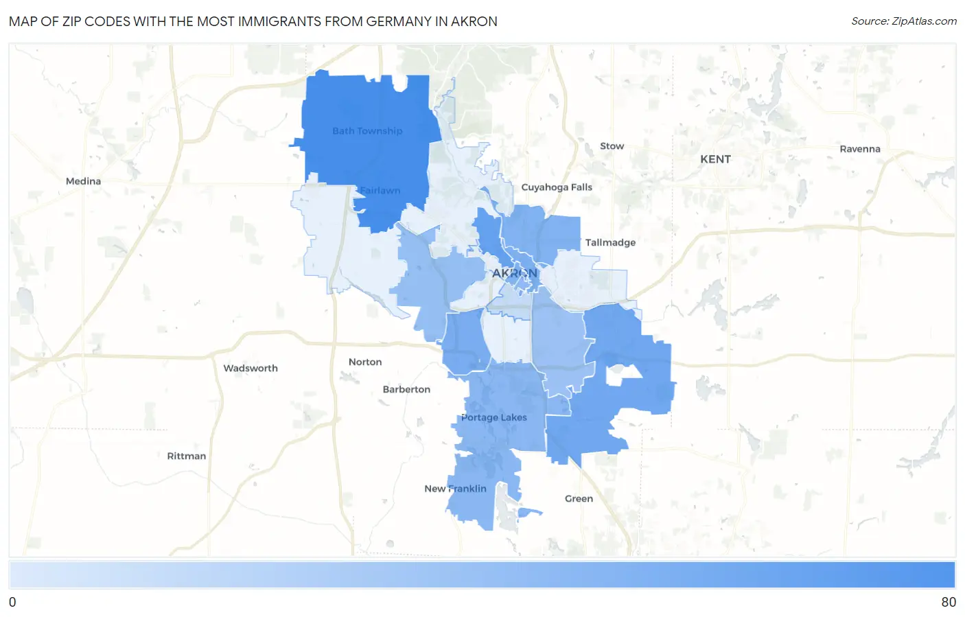 Zip Codes with the Most Immigrants from Germany in Akron Map