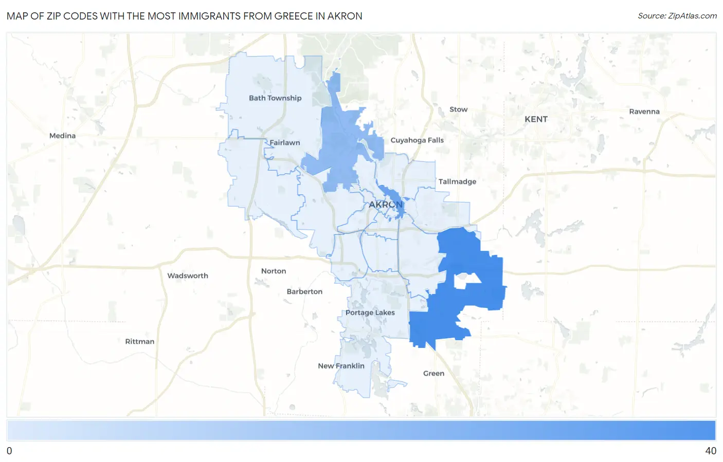 Zip Codes with the Most Immigrants from Greece in Akron Map