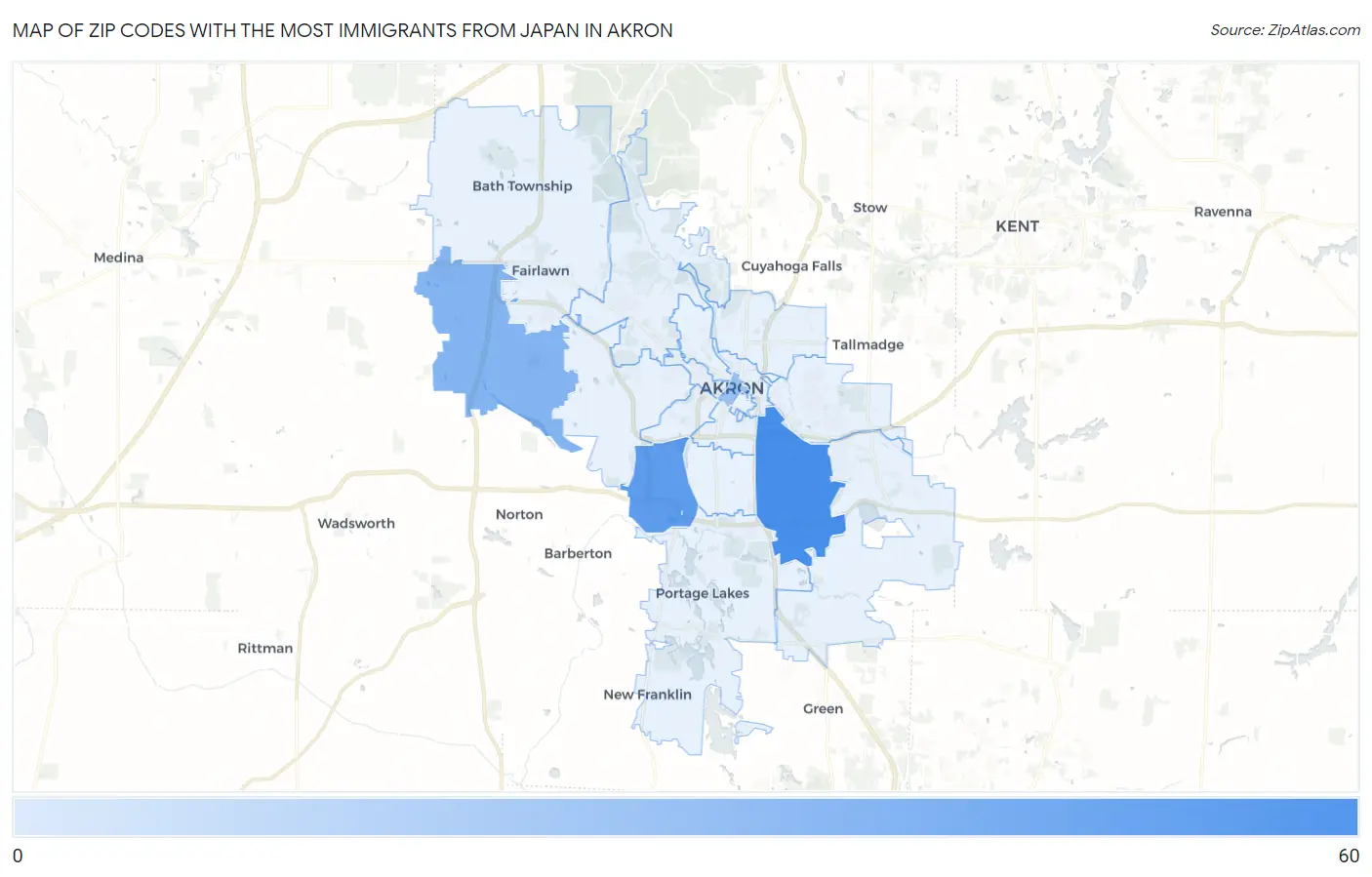 Zip Codes with the Most Immigrants from Japan in Akron Map