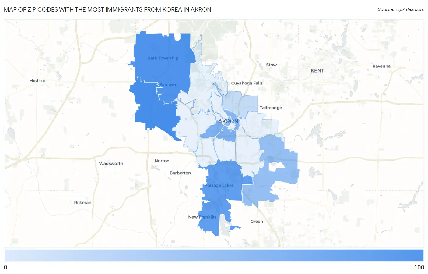 Zip Codes with the Most Immigrants from Korea in Akron Map