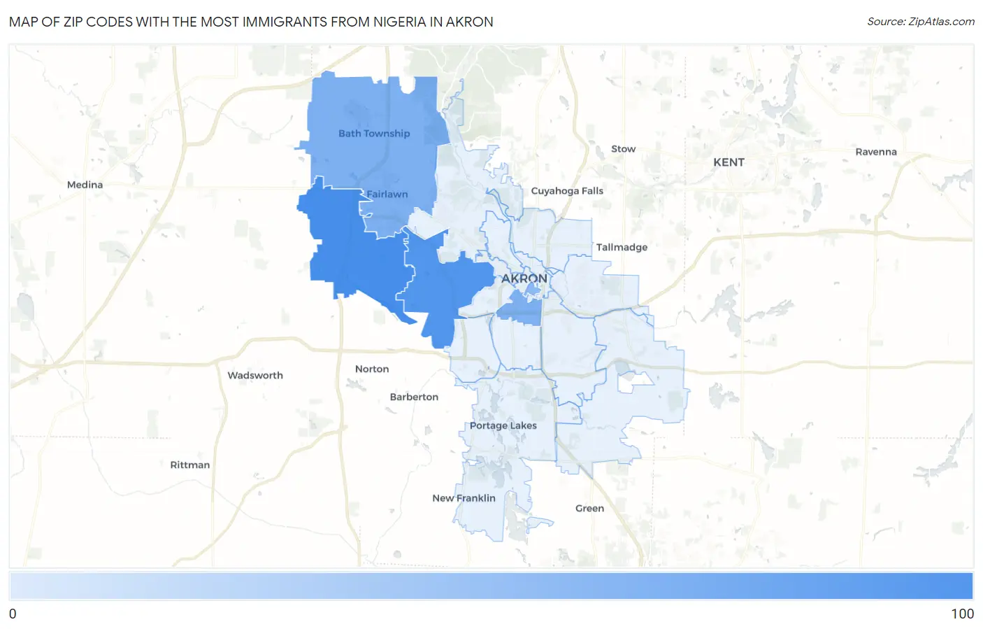 Zip Codes with the Most Immigrants from Nigeria in Akron Map