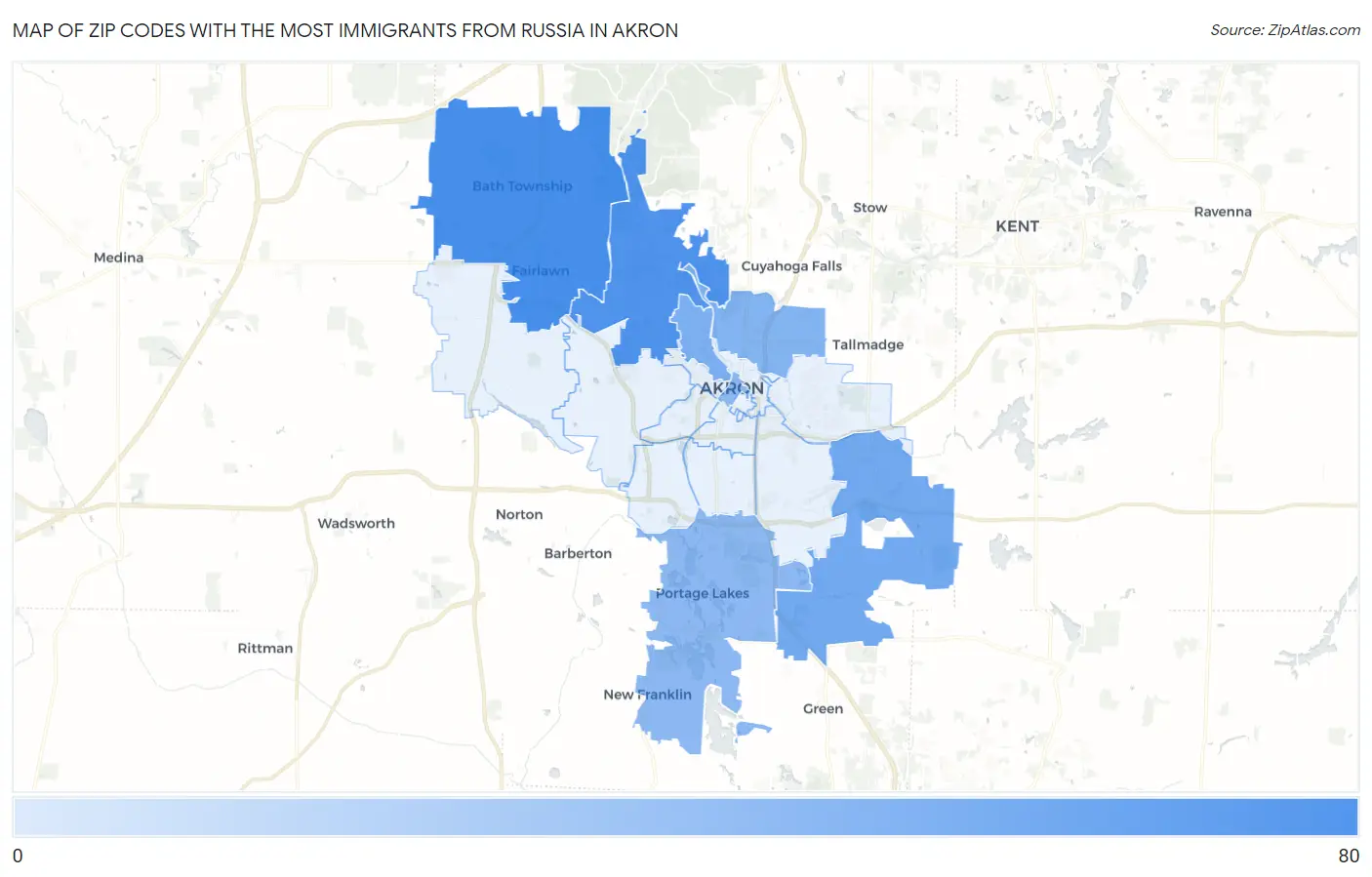 Zip Codes with the Most Immigrants from Russia in Akron Map