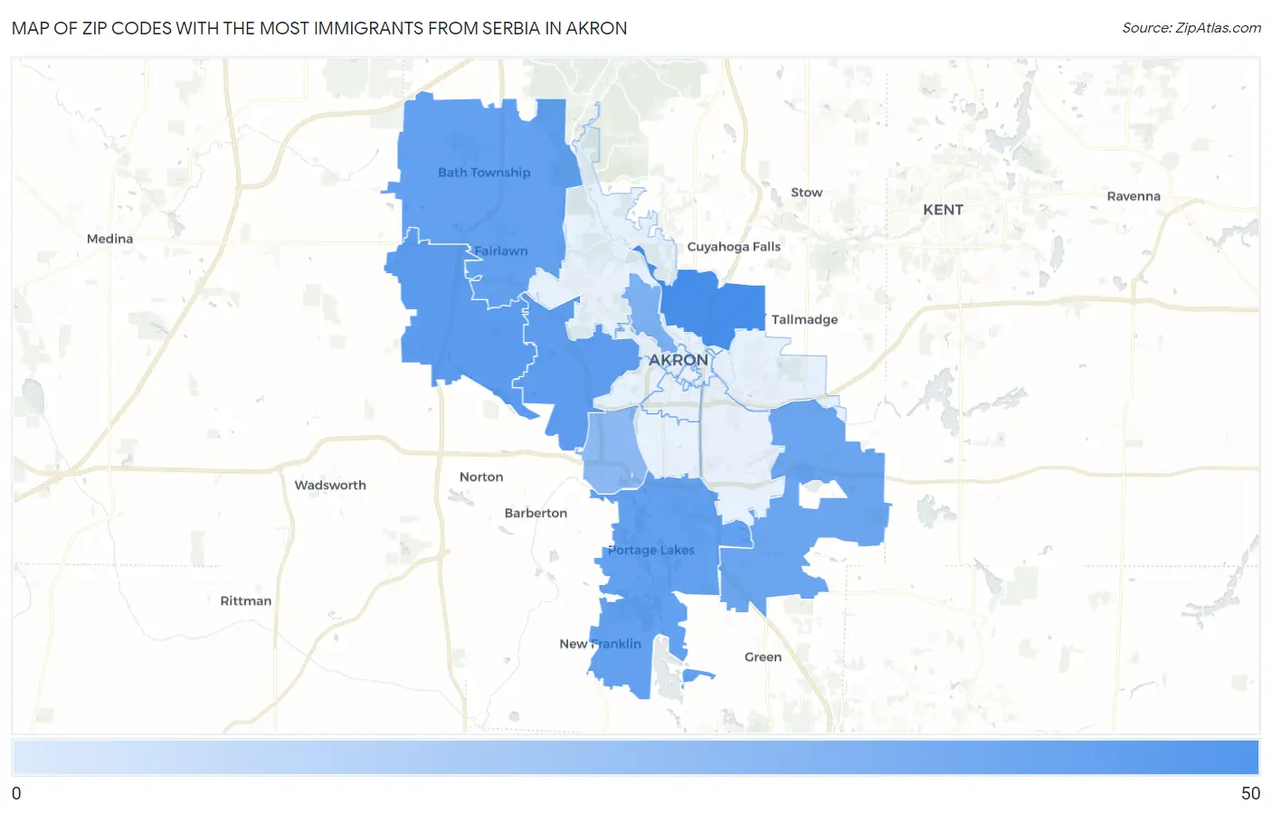 Zip Codes with the Most Immigrants from Serbia in Akron Map