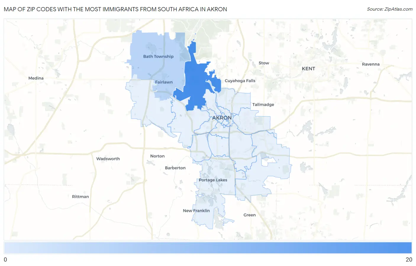 Zip Codes with the Most Immigrants from South Africa in Akron Map
