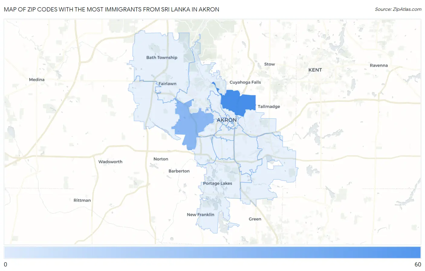 Zip Codes with the Most Immigrants from Sri Lanka in Akron Map