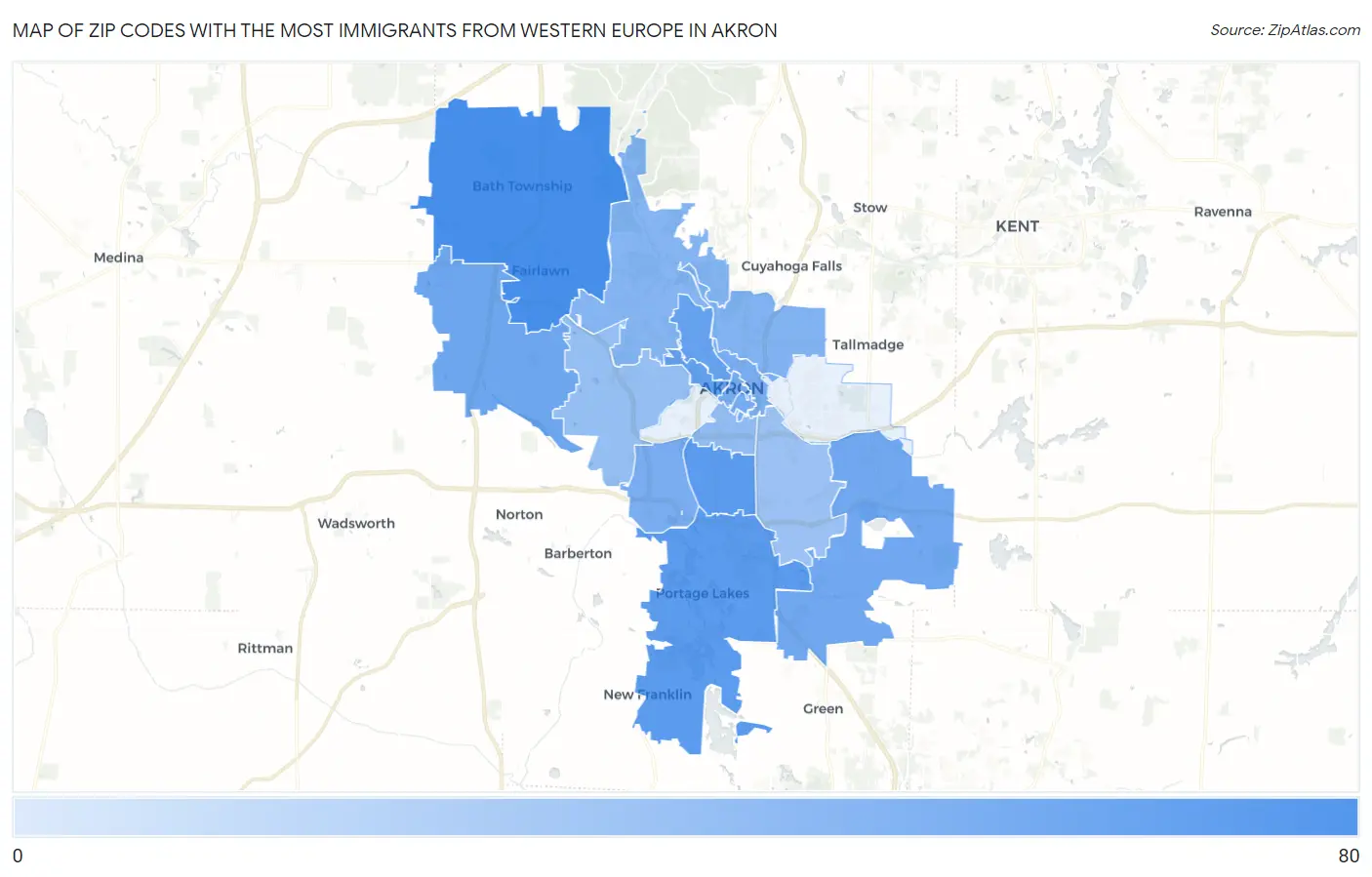 Zip Codes with the Most Immigrants from Western Europe in Akron Map