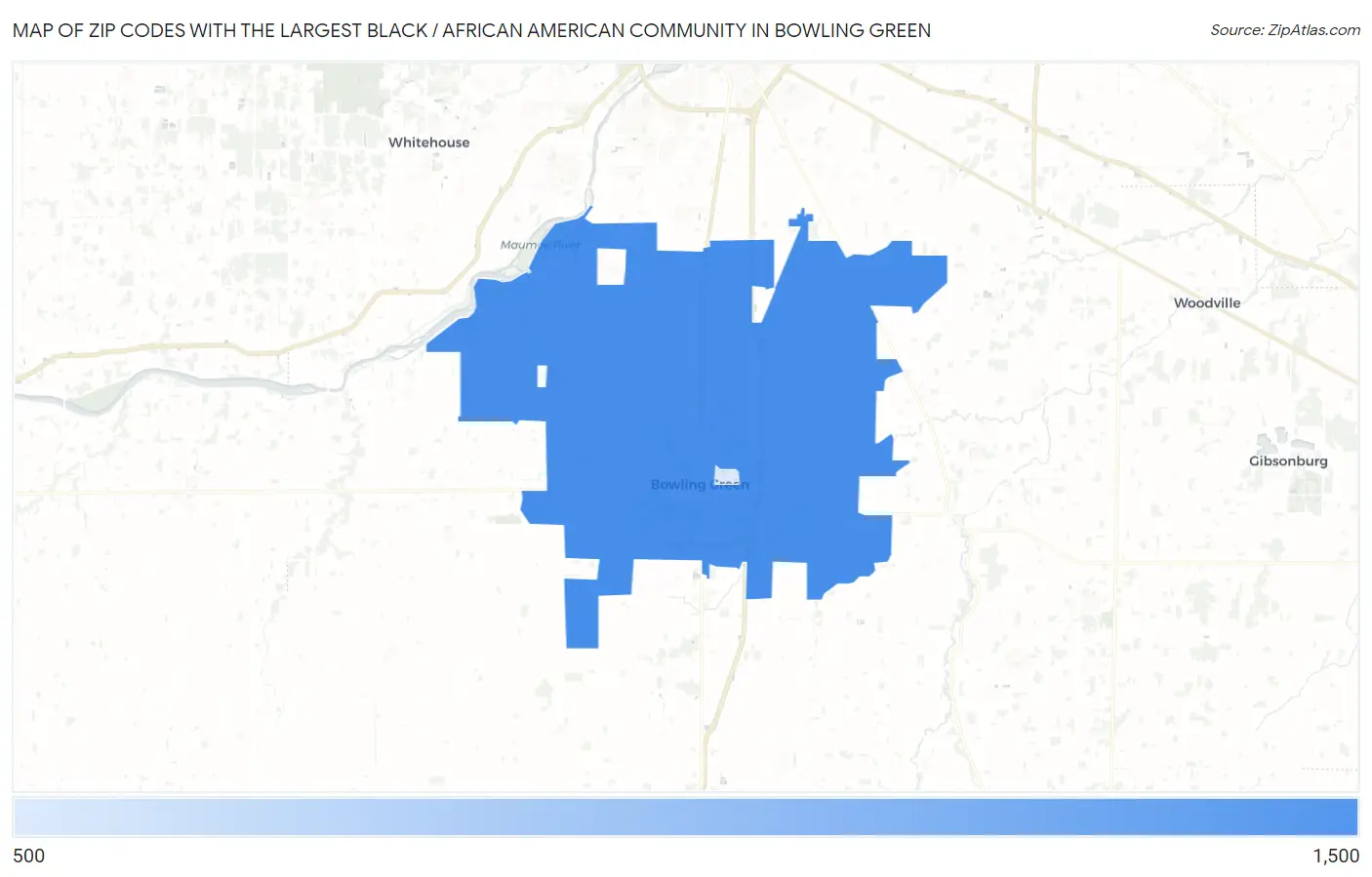 Zip Codes with the Largest Black / African American Community in Bowling Green Map