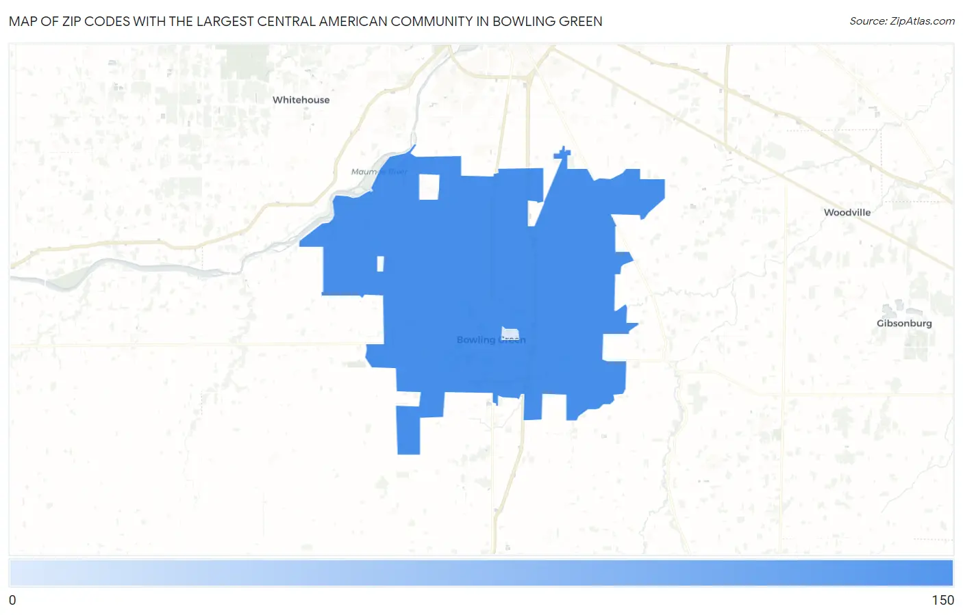Zip Codes with the Largest Central American Community in Bowling Green Map