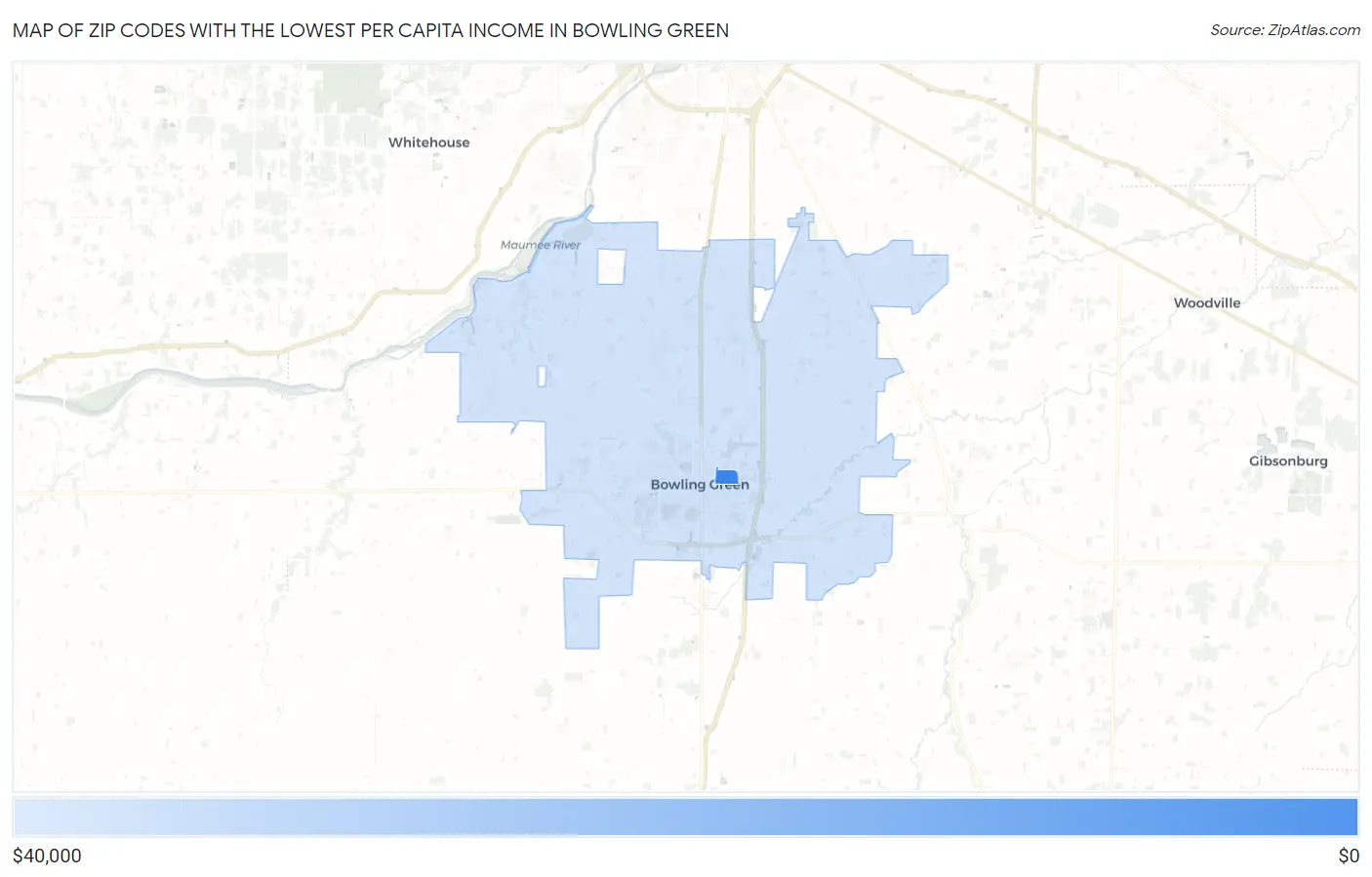 Zip Codes with the Lowest Per Capita Income in Bowling Green Map
