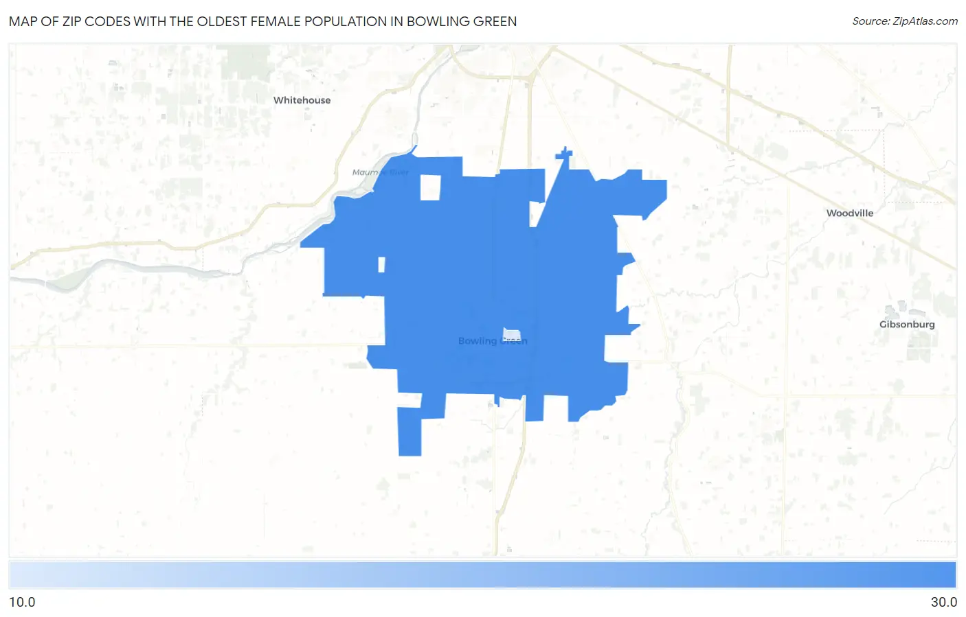Zip Codes with the Oldest Female Population in Bowling Green Map