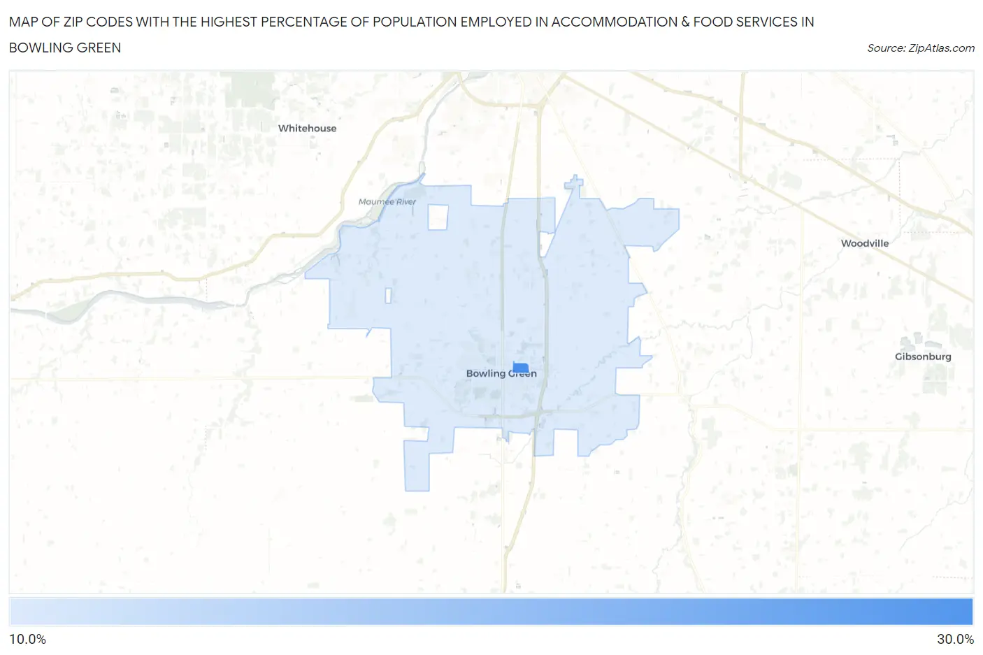 Zip Codes with the Highest Percentage of Population Employed in Accommodation & Food Services in Bowling Green Map