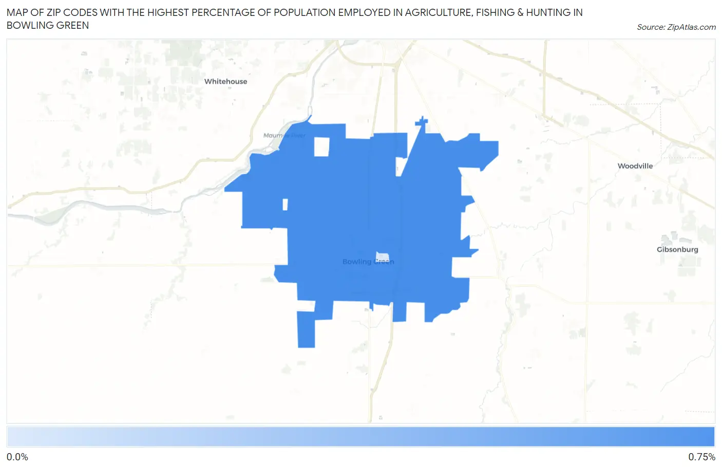 Zip Codes with the Highest Percentage of Population Employed in Agriculture, Fishing & Hunting in Bowling Green Map