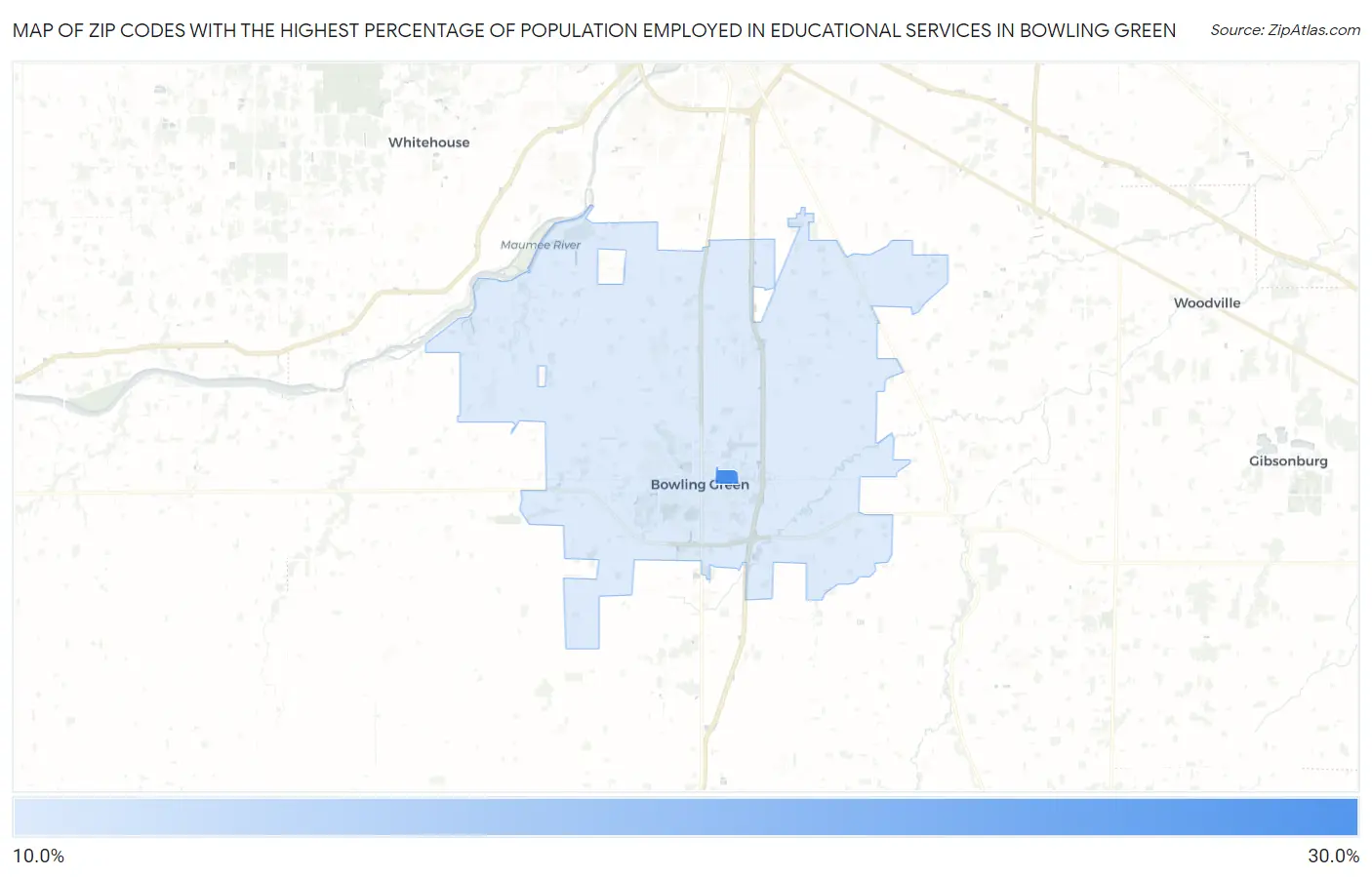 Zip Codes with the Highest Percentage of Population Employed in Educational Services in Bowling Green Map