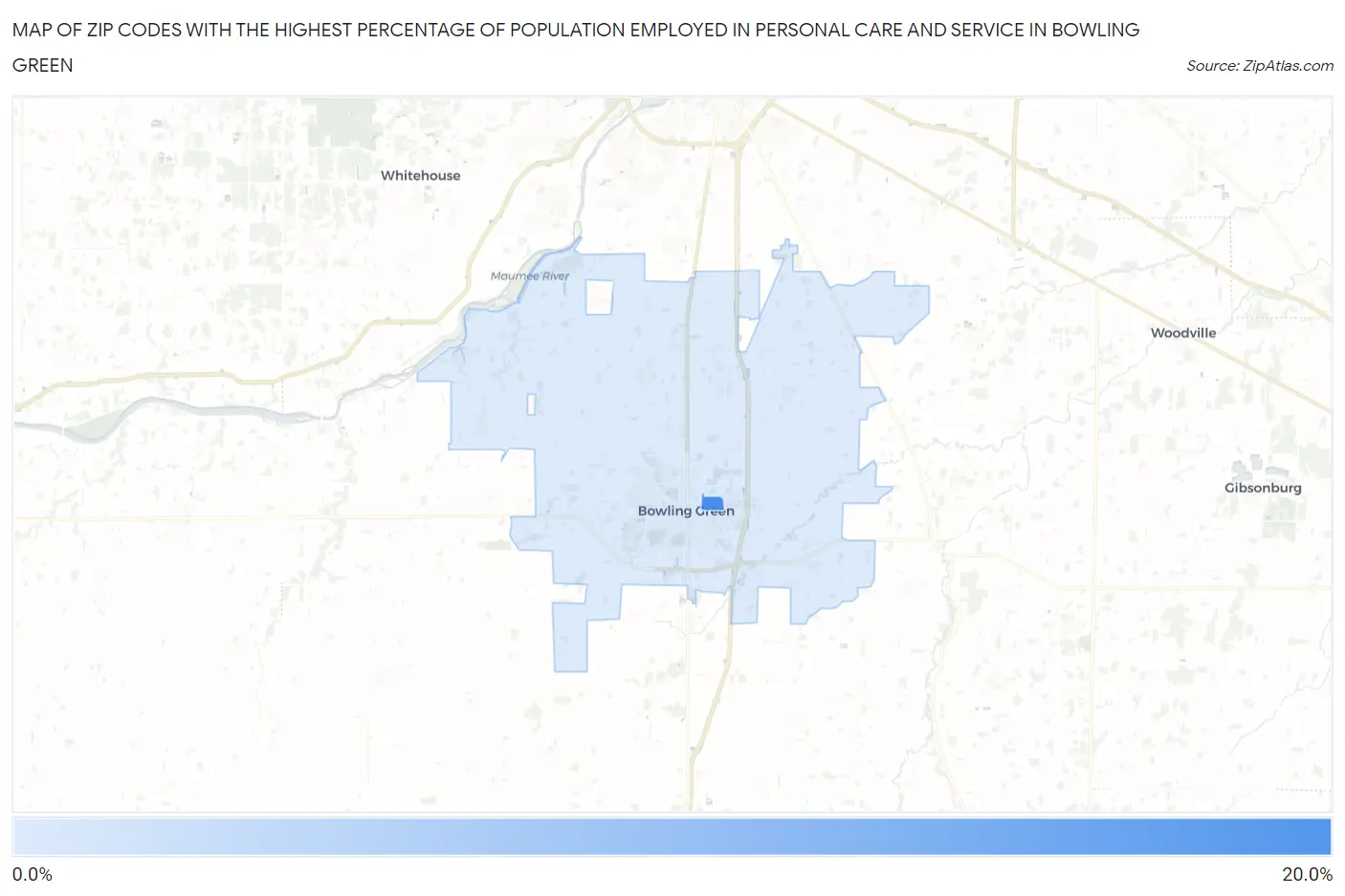 Zip Codes with the Highest Percentage of Population Employed in Personal Care and Service in Bowling Green Map