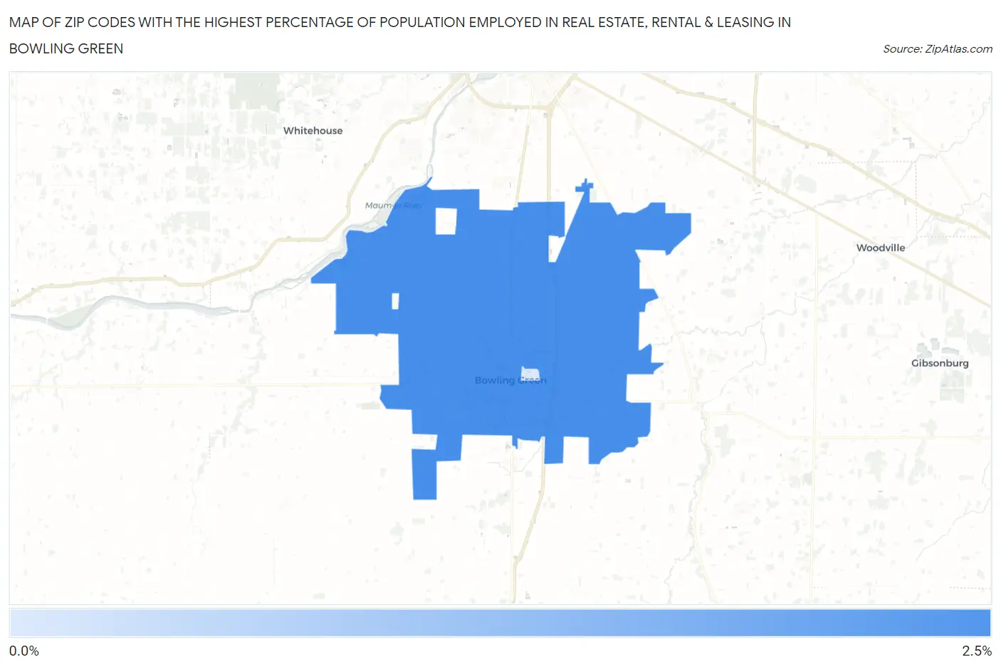 Zip Codes with the Highest Percentage of Population Employed in Real Estate, Rental & Leasing in Bowling Green Map