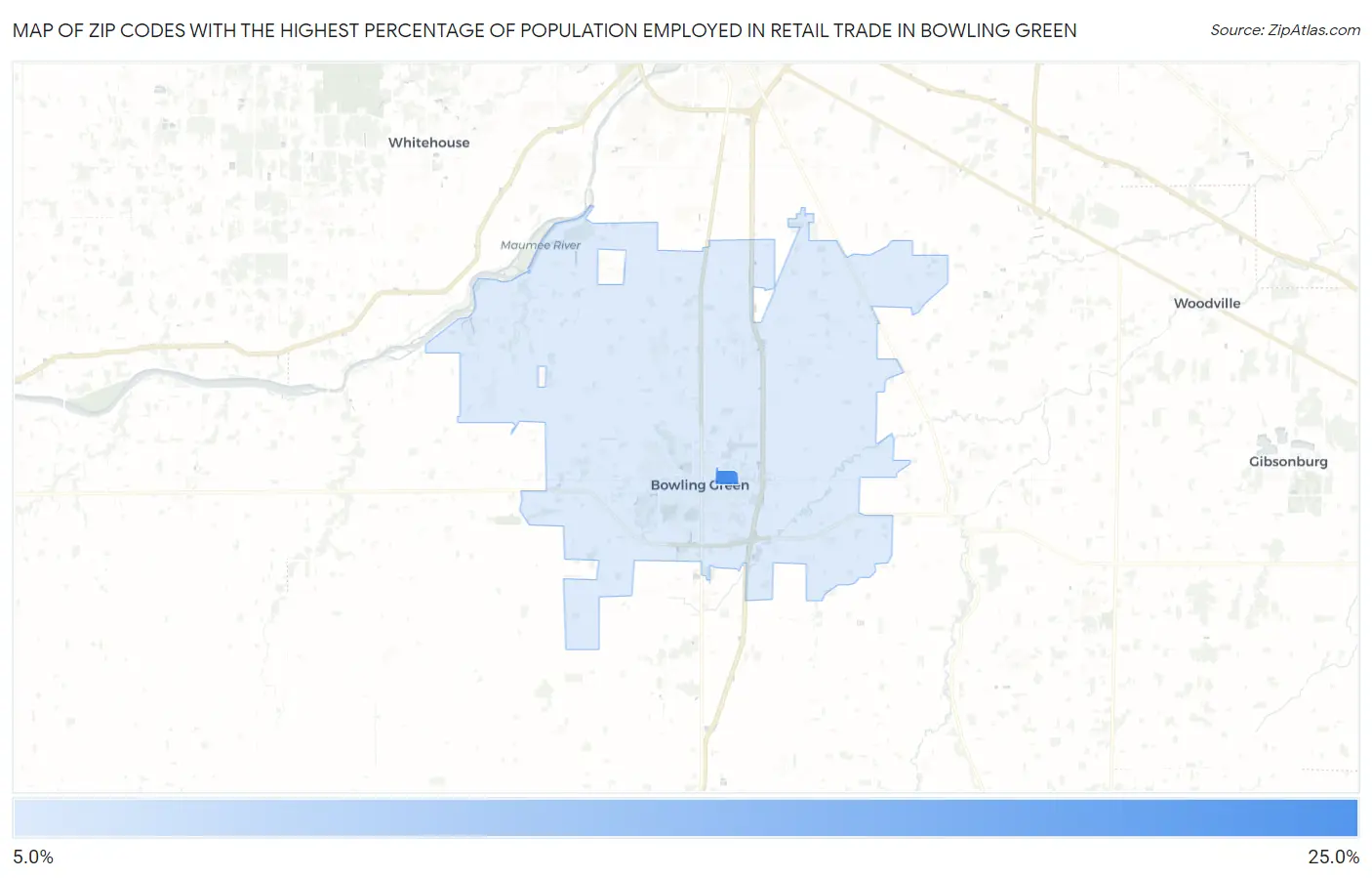 Zip Codes with the Highest Percentage of Population Employed in Retail Trade in Bowling Green Map
