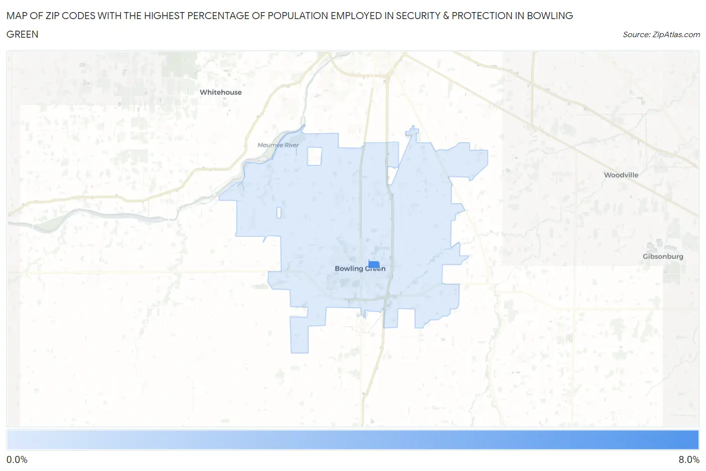 Zip Codes with the Highest Percentage of Population Employed in Security & Protection in Bowling Green Map