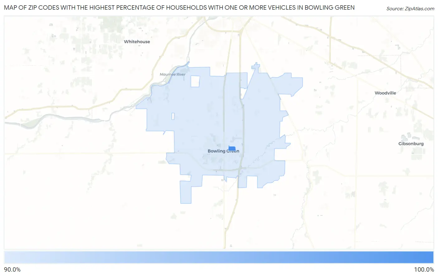 Zip Codes with the Highest Percentage of Households With One or more Vehicles in Bowling Green Map
