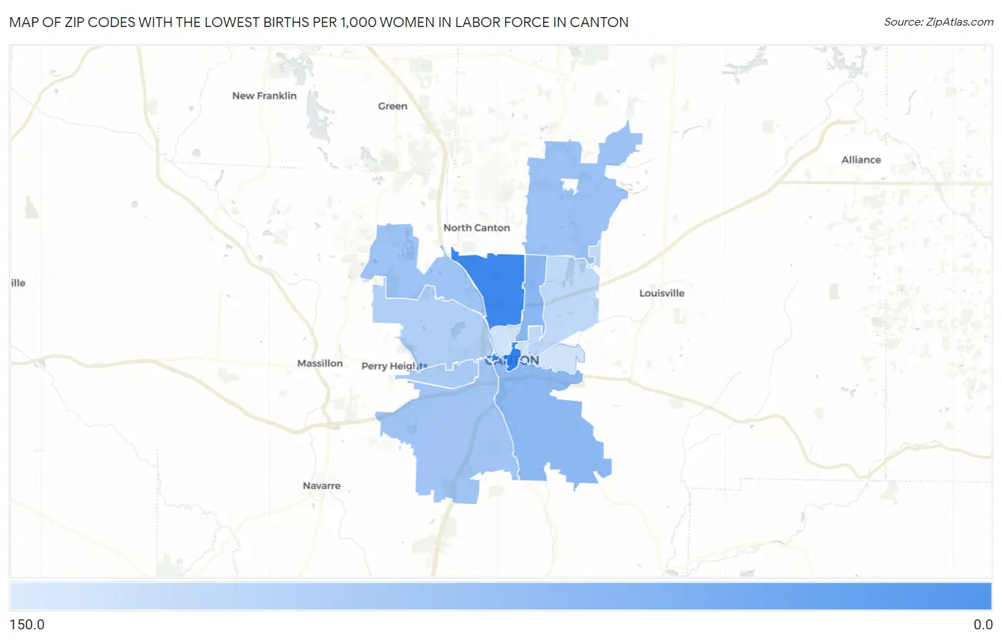Zip Codes with the Lowest Births per 1,000 Women in Labor Force in Canton Map