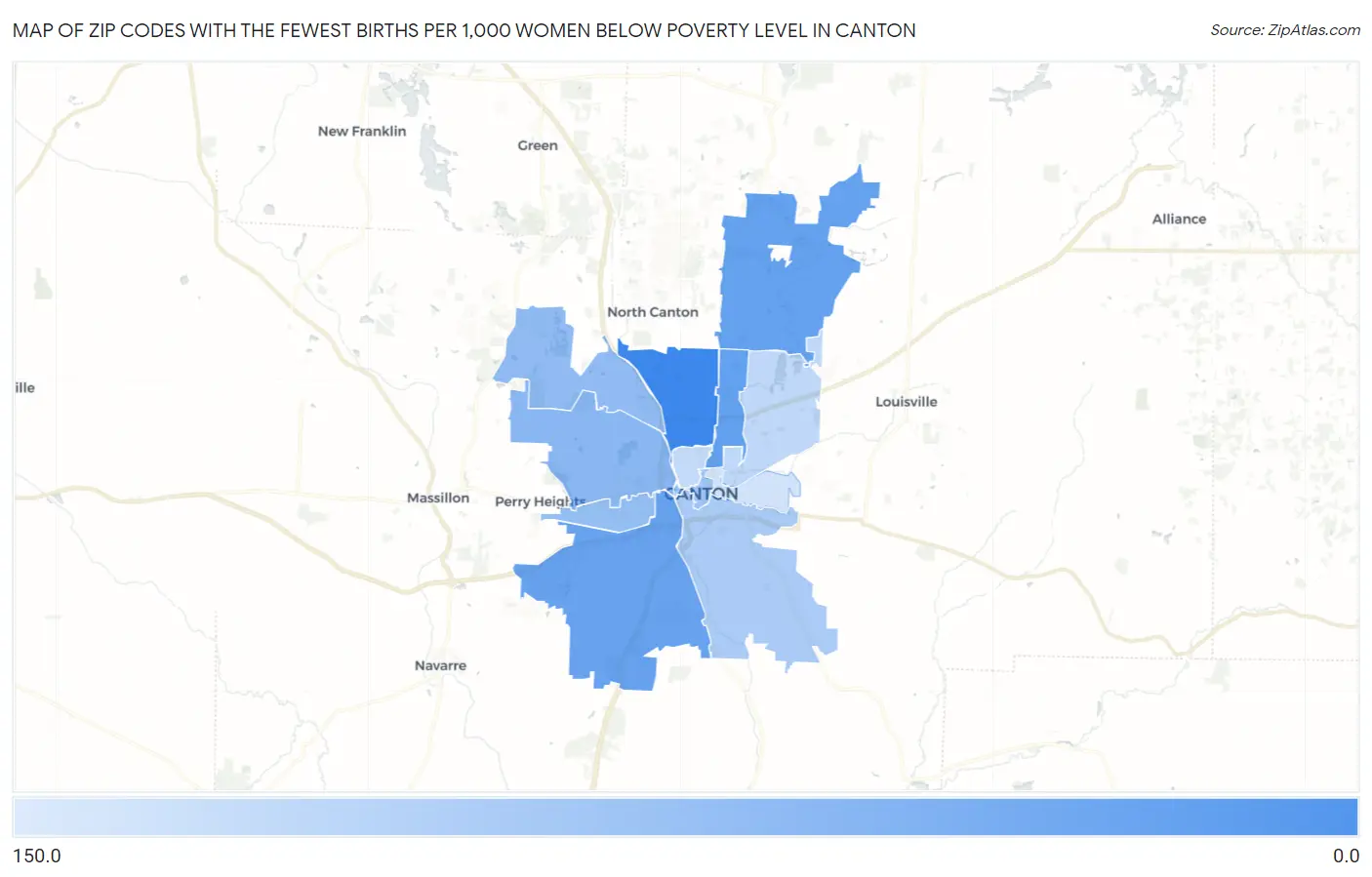 Zip Codes with the Fewest Births per 1,000 Women Below Poverty Level in Canton Map