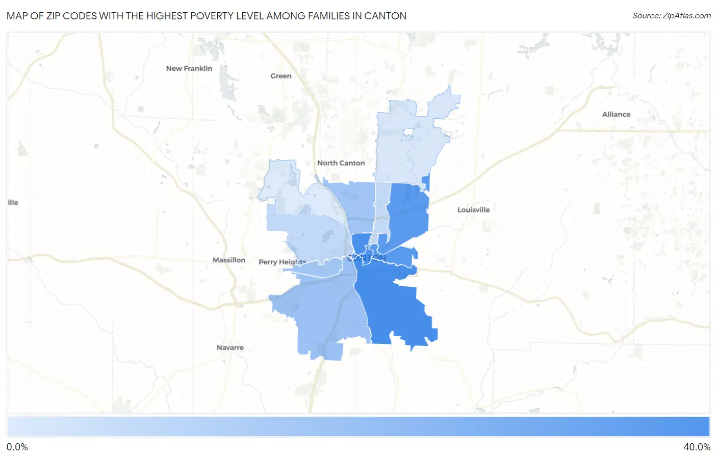 Zip Codes with the Highest Poverty Level Among Families in Canton Map