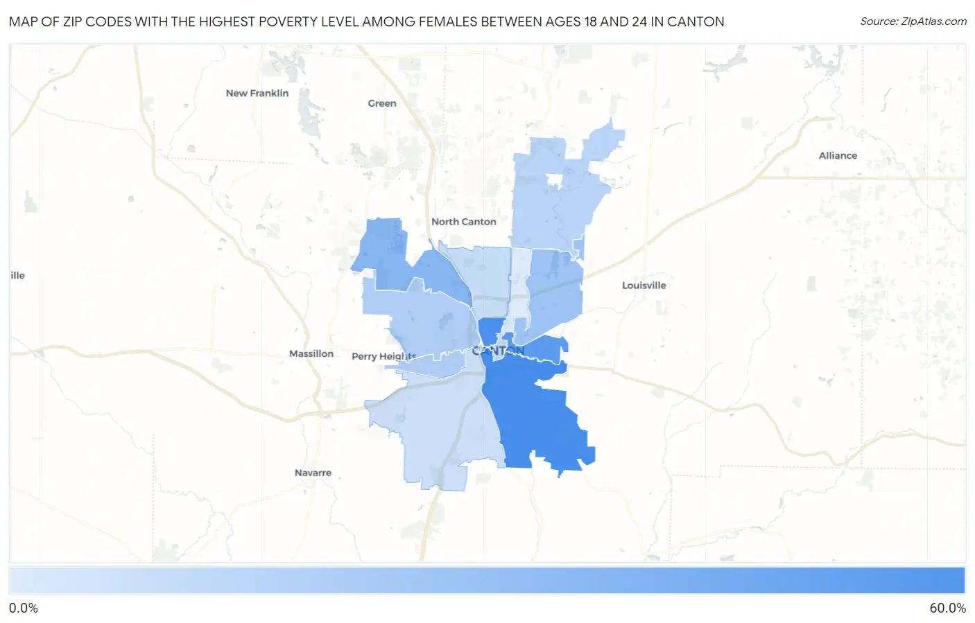 Zip Codes with the Highest Poverty Level Among Females Between Ages 18 and 24 in Canton Map