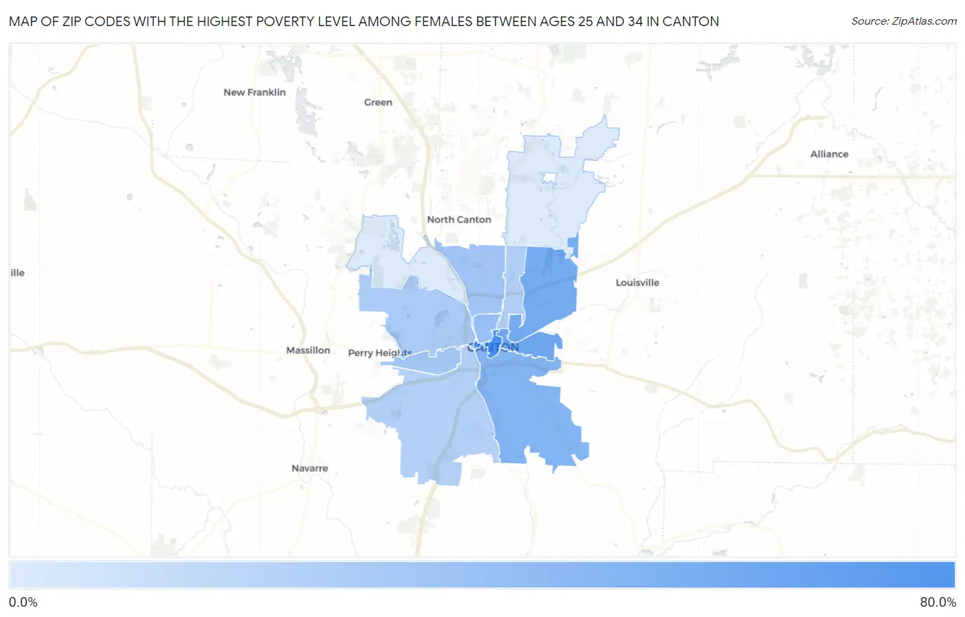 Zip Codes with the Highest Poverty Level Among Females Between Ages 25 and 34 in Canton Map