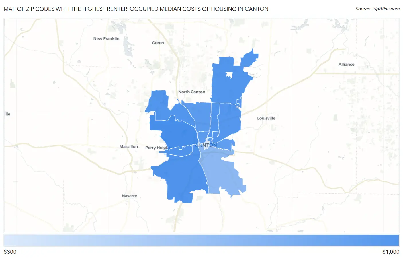 Zip Codes with the Highest Renter-Occupied Median Costs of Housing in Canton Map