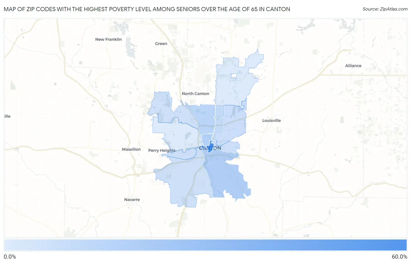 Zip Codes with the Highest Poverty Level Among Seniors Over the Age of 65 in Canton Map