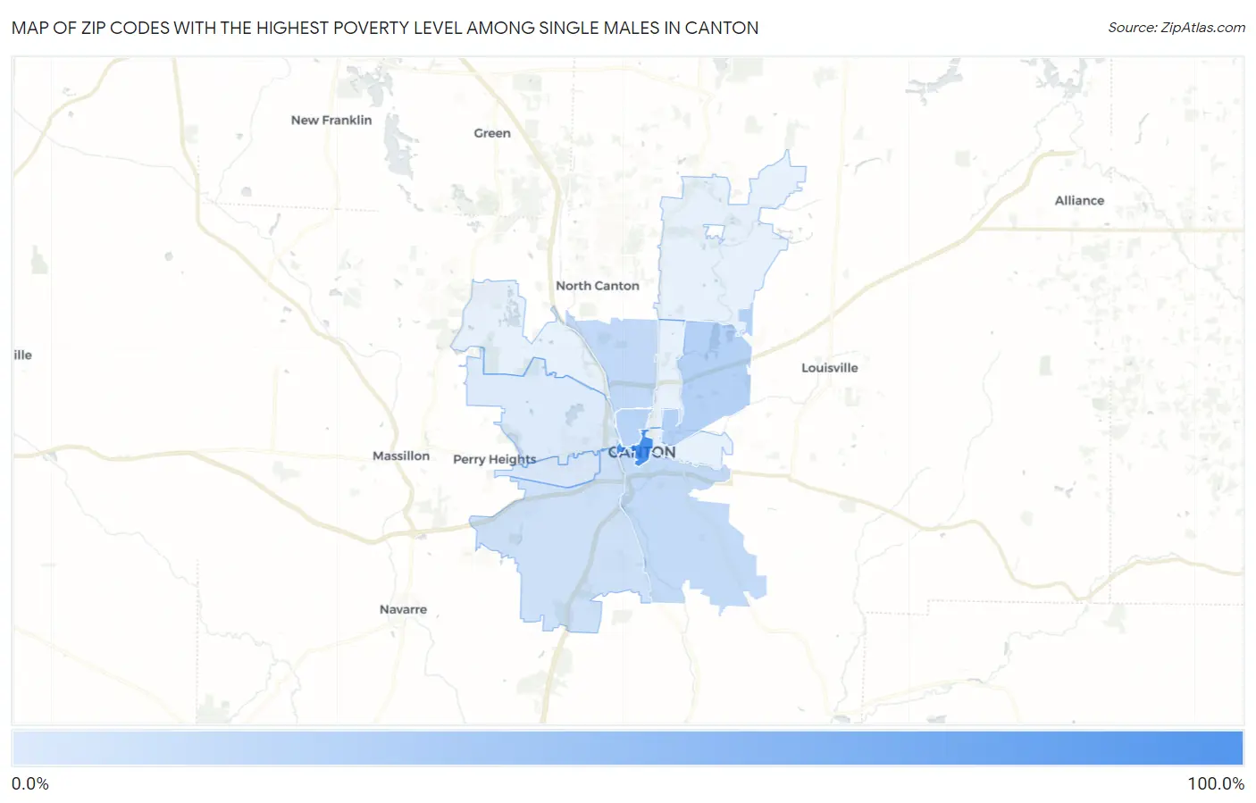 Zip Codes with the Highest Poverty Level Among Single Males in Canton Map