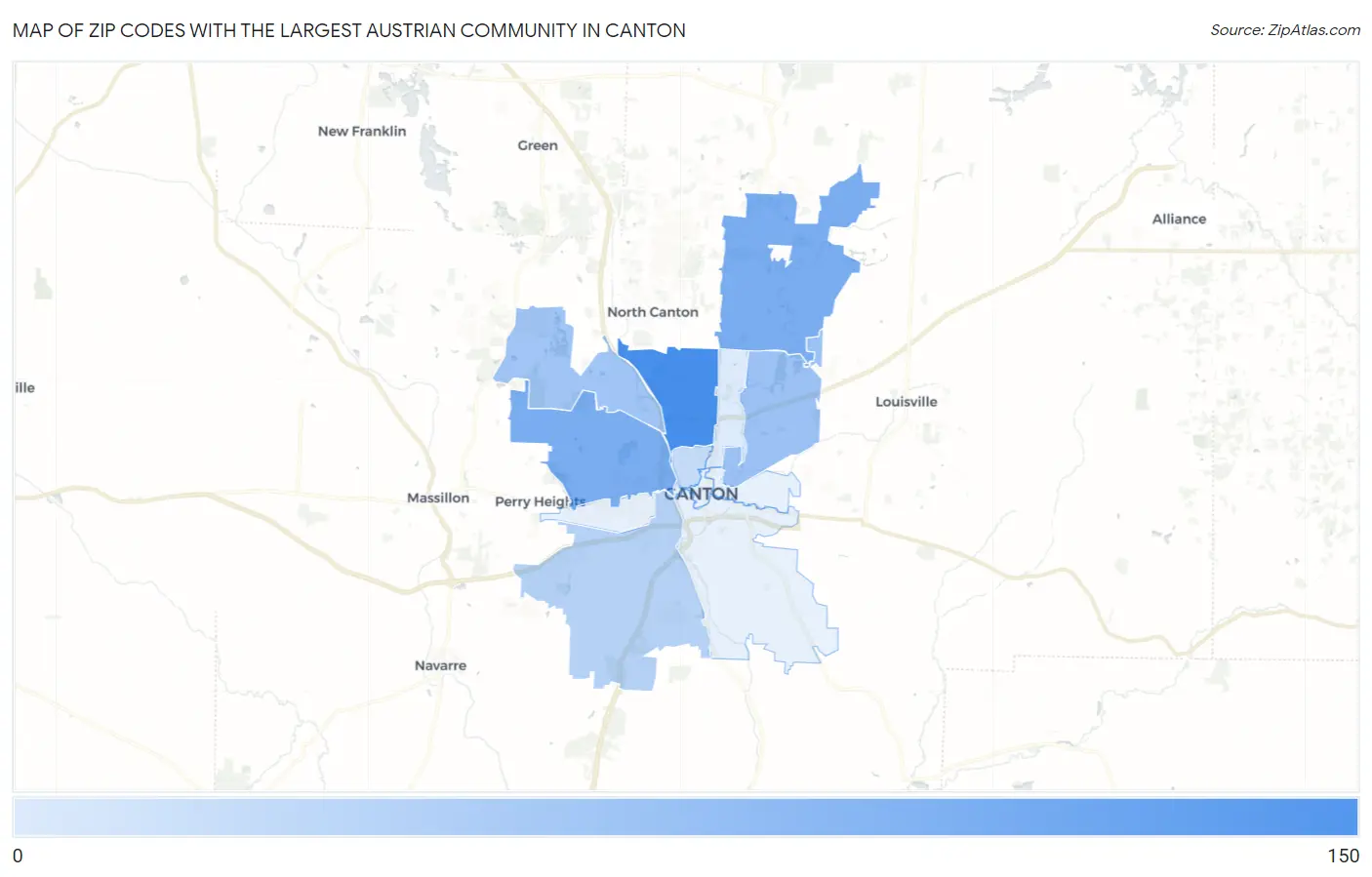 Zip Codes with the Largest Austrian Community in Canton Map