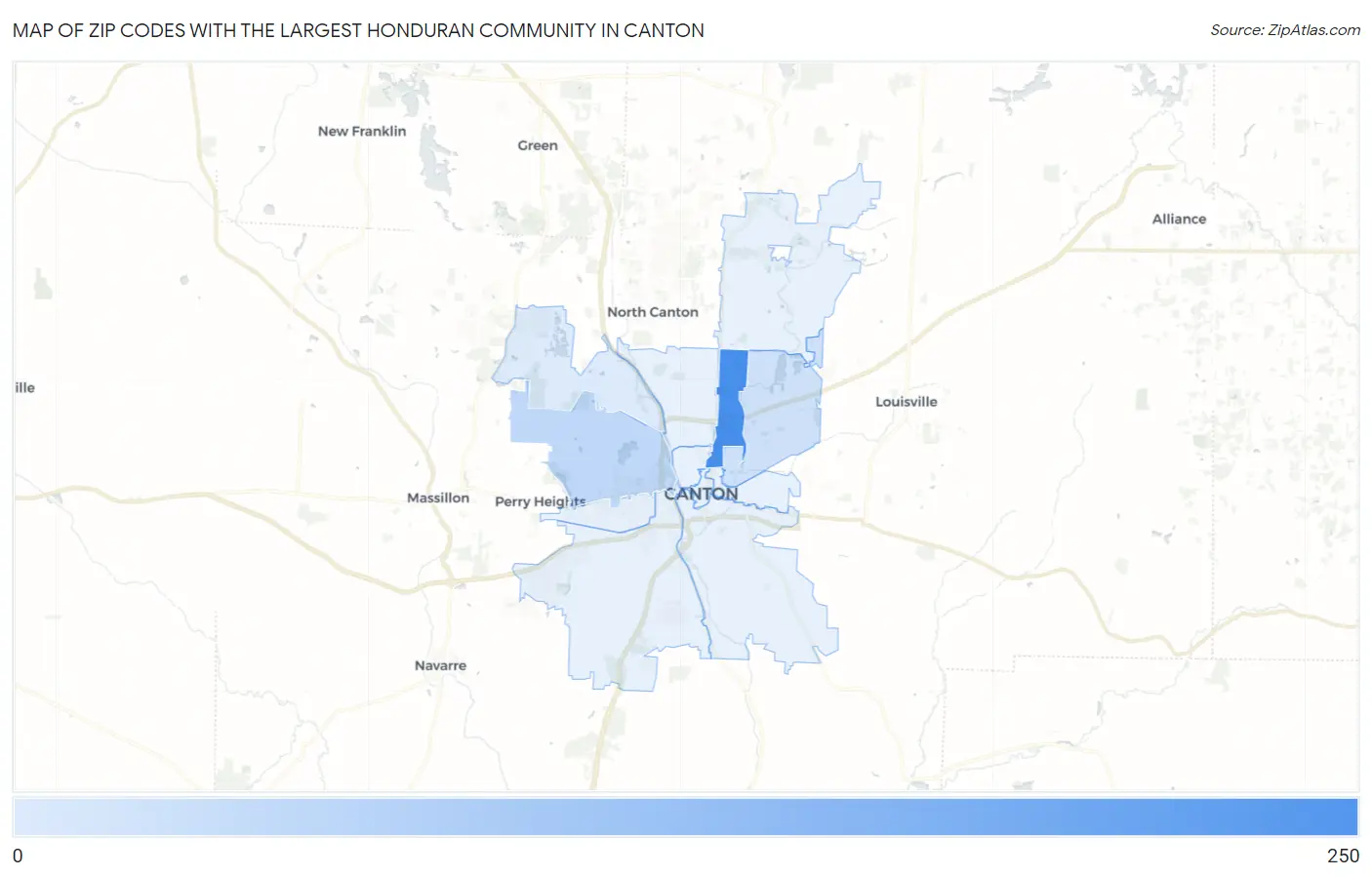Zip Codes with the Largest Honduran Community in Canton Map