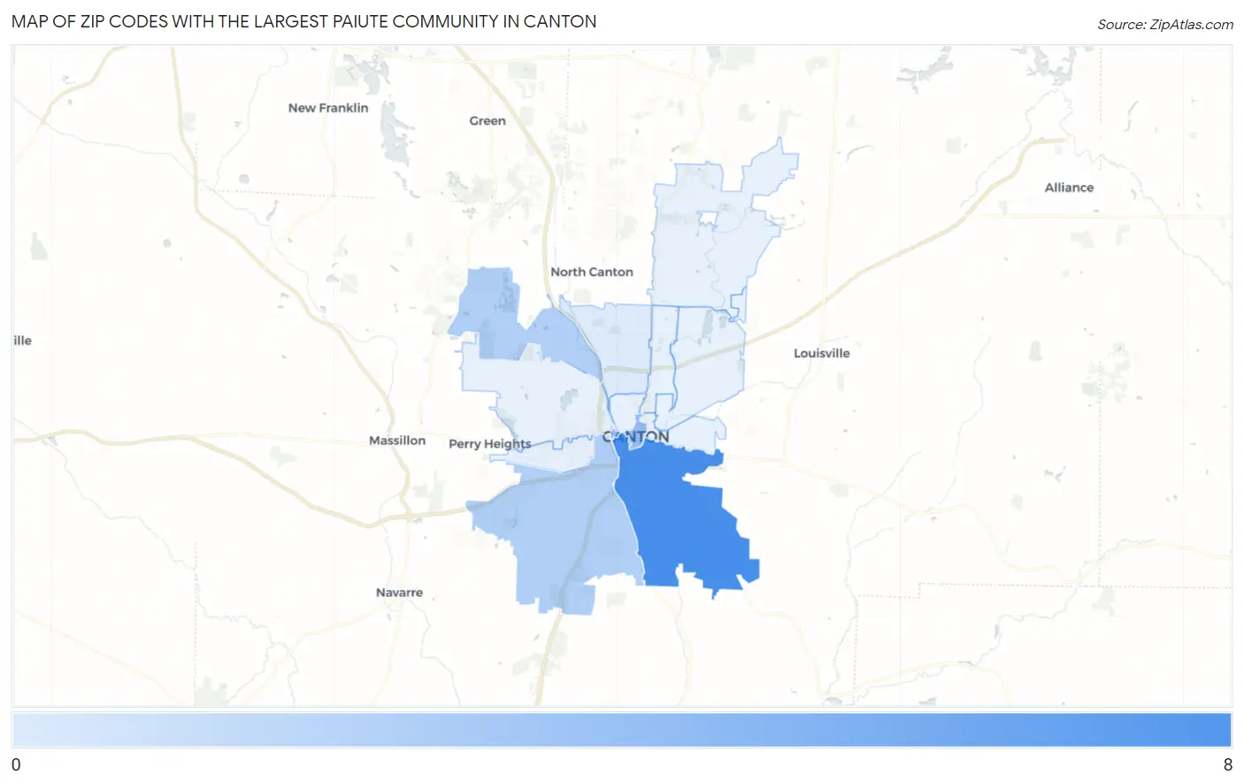 Zip Codes with the Largest Paiute Community in Canton Map