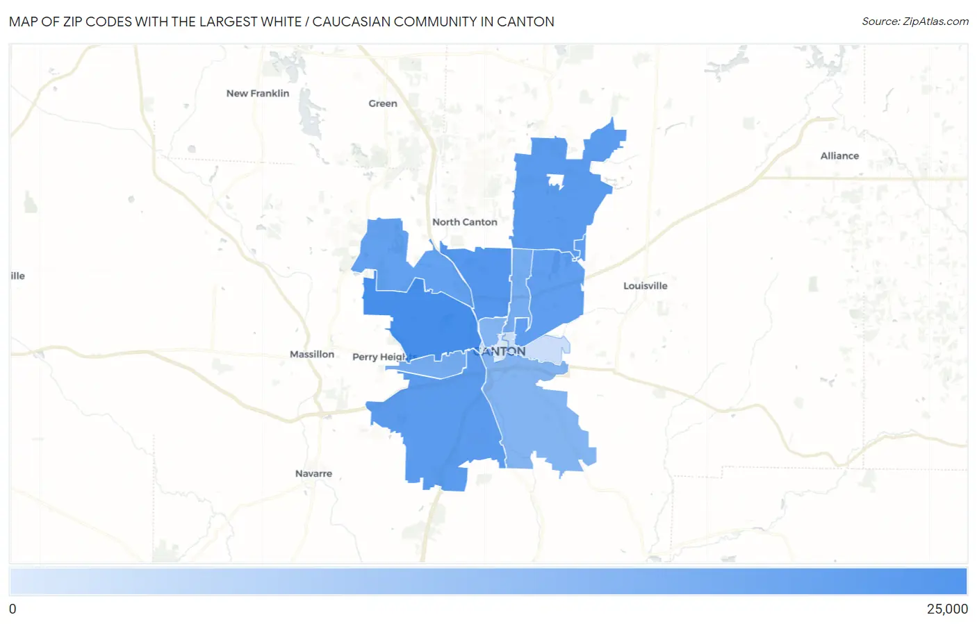 Zip Codes with the Largest White / Caucasian Community in Canton Map