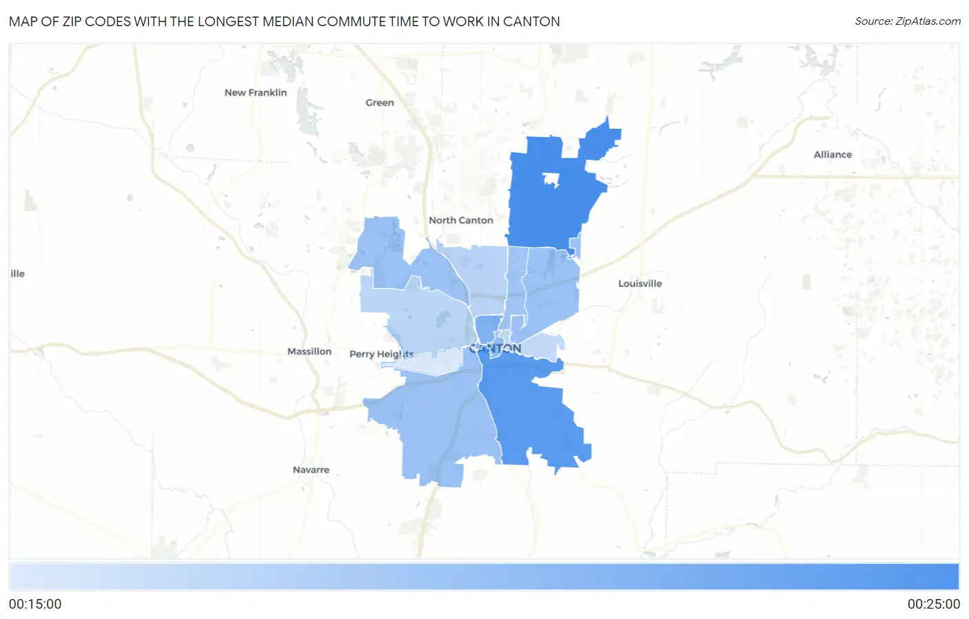 Zip Codes with the Longest Median Commute Time to Work in Canton Map