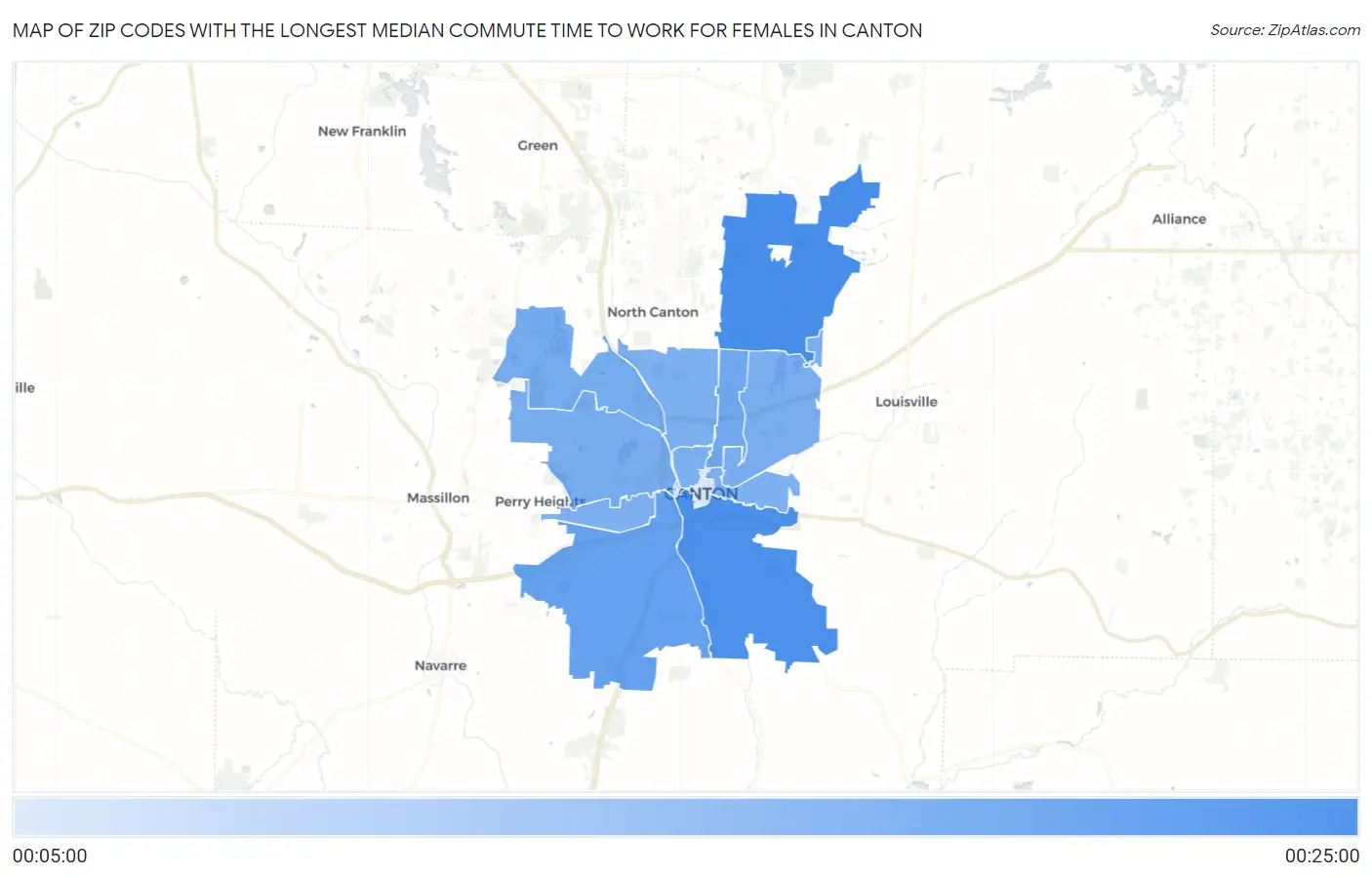 Zip Codes with the Longest Median Commute Time to Work for Females in Canton Map