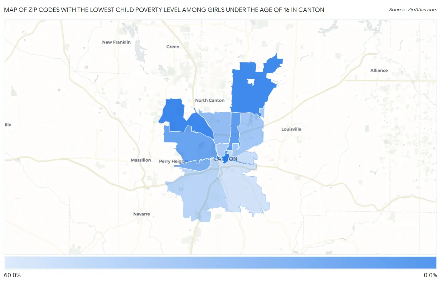 Zip Codes with the Lowest Child Poverty Level Among Girls Under the Age of 16 in Canton Map